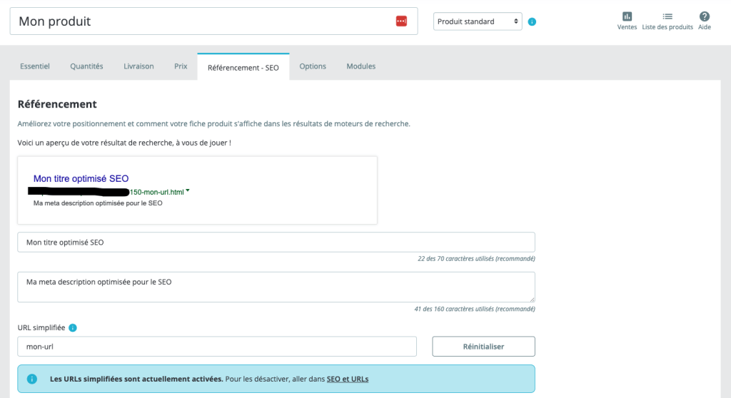 Interface de modification du titre, de l'URL et de la meta description pour un produit prestashop