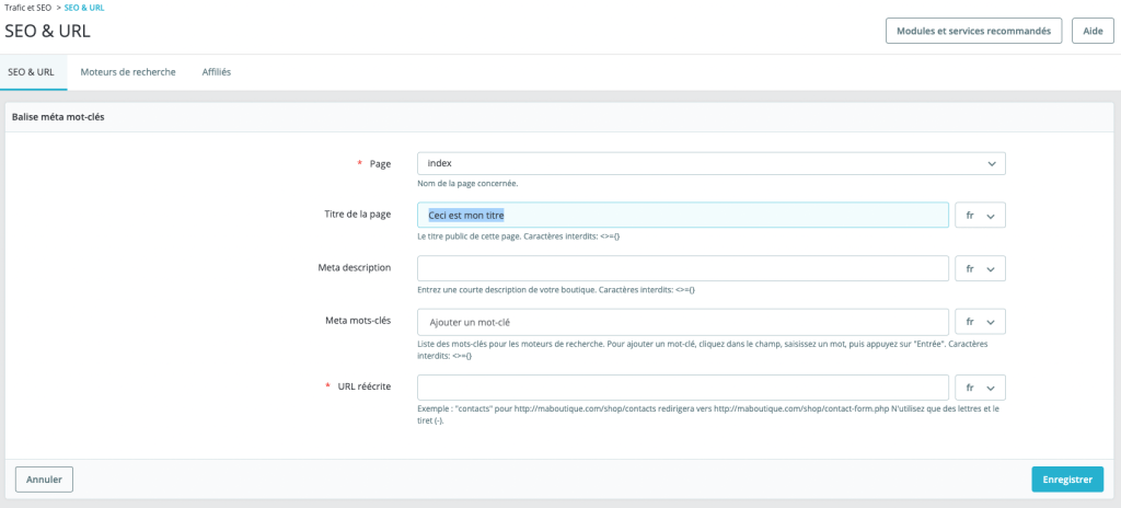 modifier le titre de la page d'accueil sur prestashop