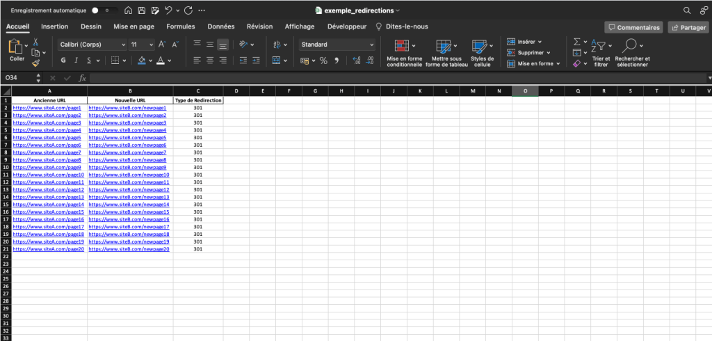 Exemple de plan de redirection seo sur excel