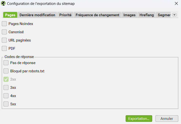 option exportation sitemap