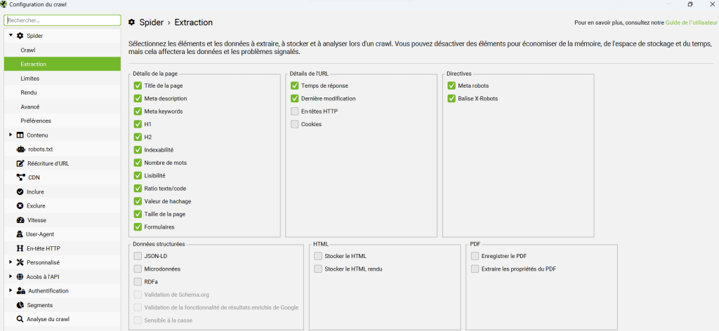 Extraction des données dans Screaming Frog