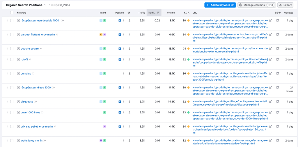 Mots-clés positionnés via les pages searchdexing par Leroy Merlin