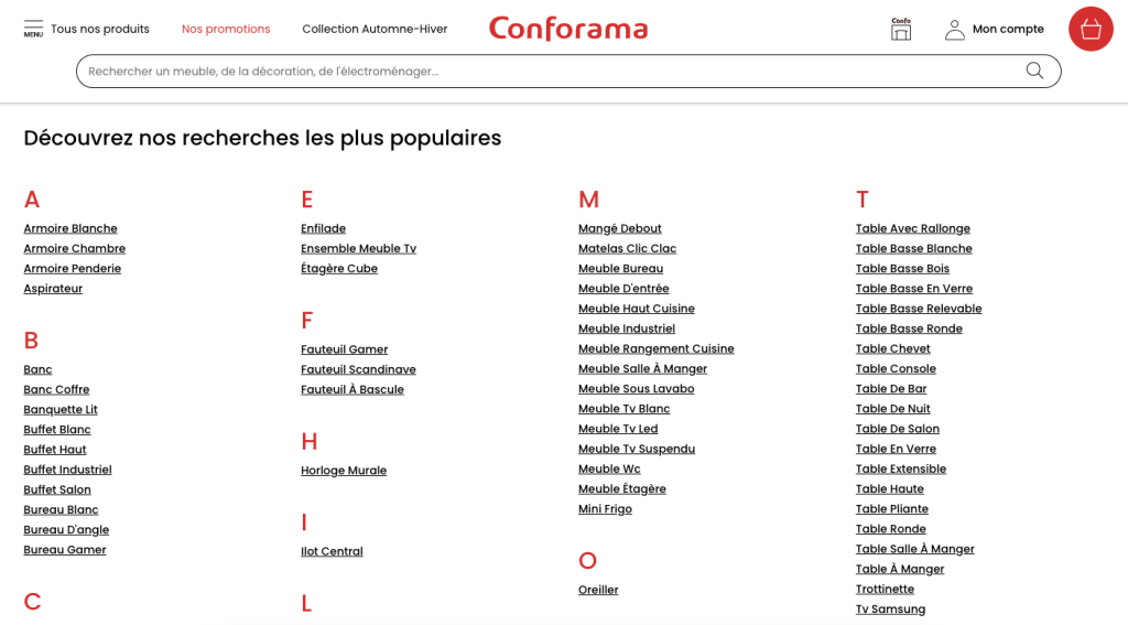 Maillage interne des pages de searchdexing de conforama