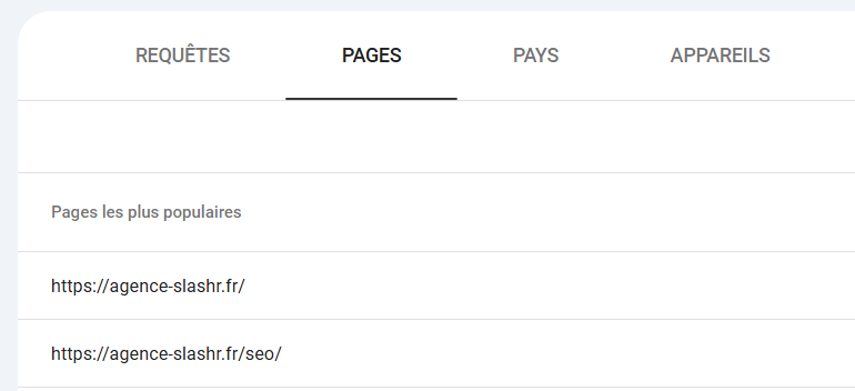 onglet pages google search console
