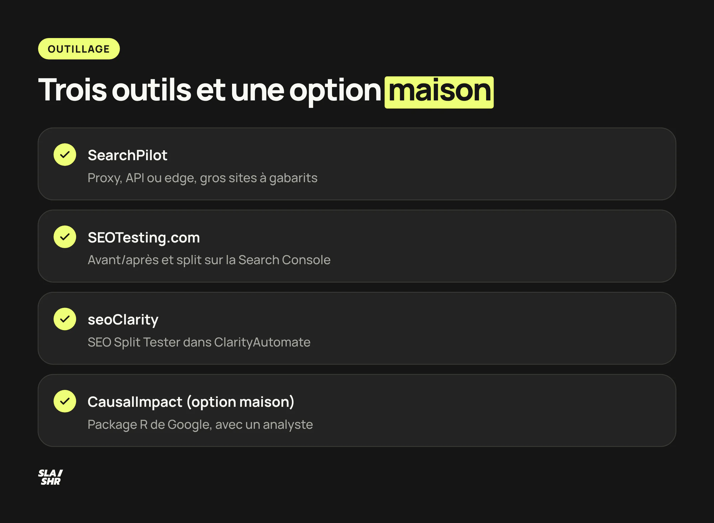 Trois outils d'A/B testing SEO et une option maison, avec leur point fort : SearchPilot, SEOTesting.com, seoClarity et CausalImpact