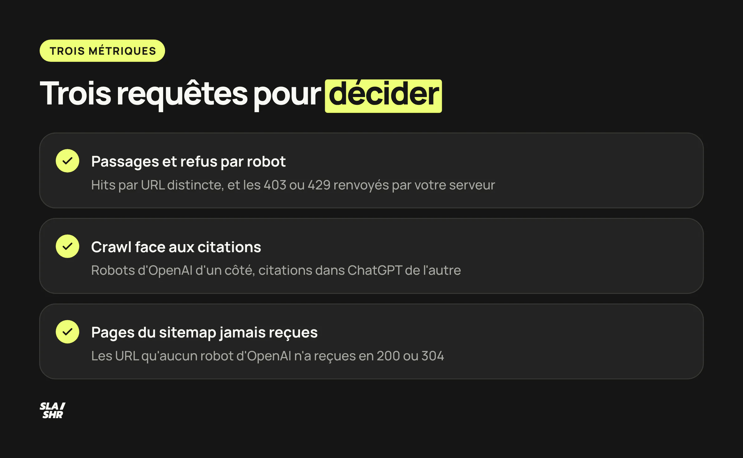 Les trois KPI GEO issus des logs : fréquence de crawl par bot, ratio crawl sur citation, pages stratégiques jamais crawlées