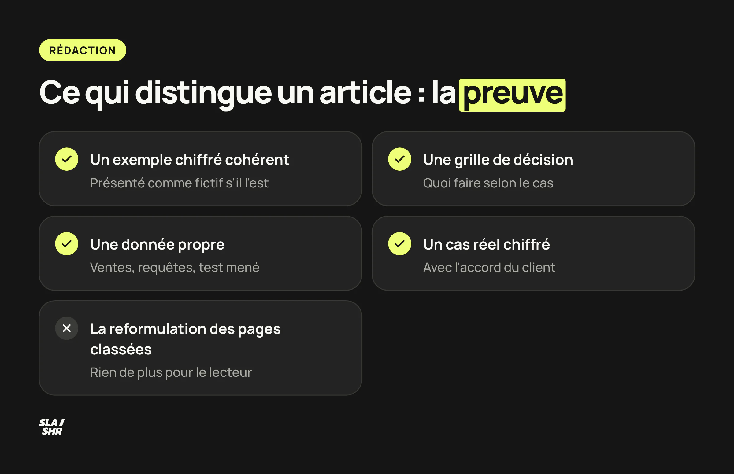Les quatre formes de valeur ajoutée d'un article SEO, de l'exemple chiffré au cas client réel, et ce qui n'en apporte pas