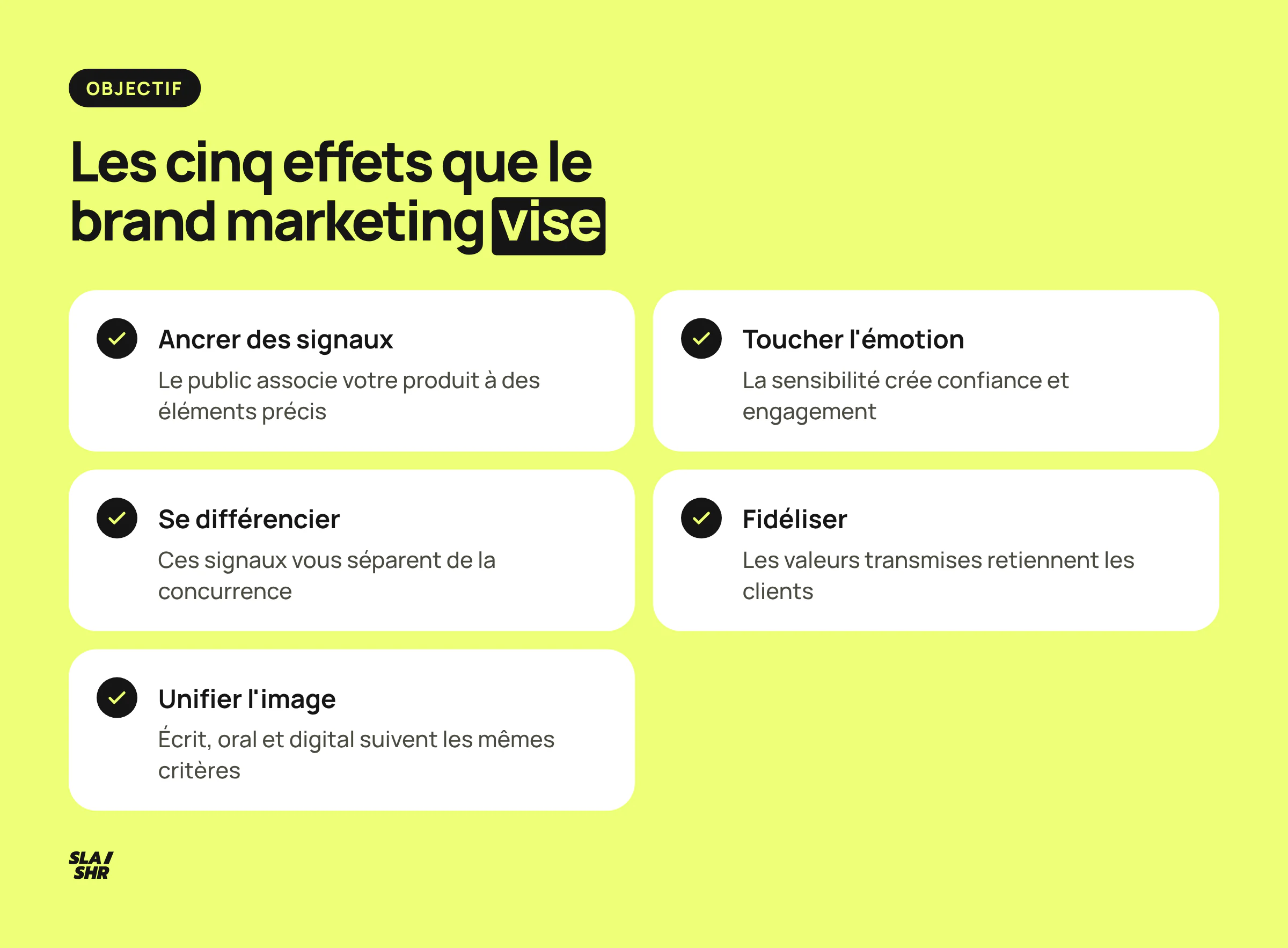 Les effets visés par le brand marketing : ancrer des signaux, toucher l'émotion, se différencier, fidéliser et unifier l'image