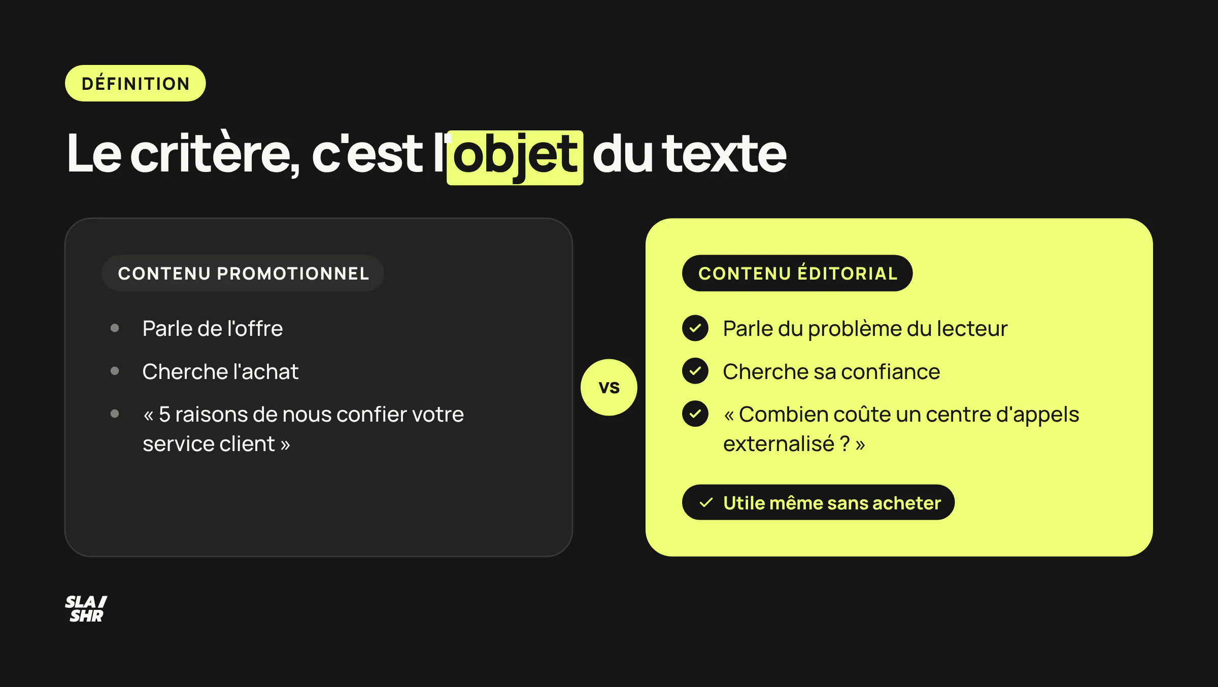 Comparaison entre le contenu promotionnel, qui parle de l'offre pour faire acheter, et le contenu éditorial, qui répond à la question du lecteur pour gagner sa confiance