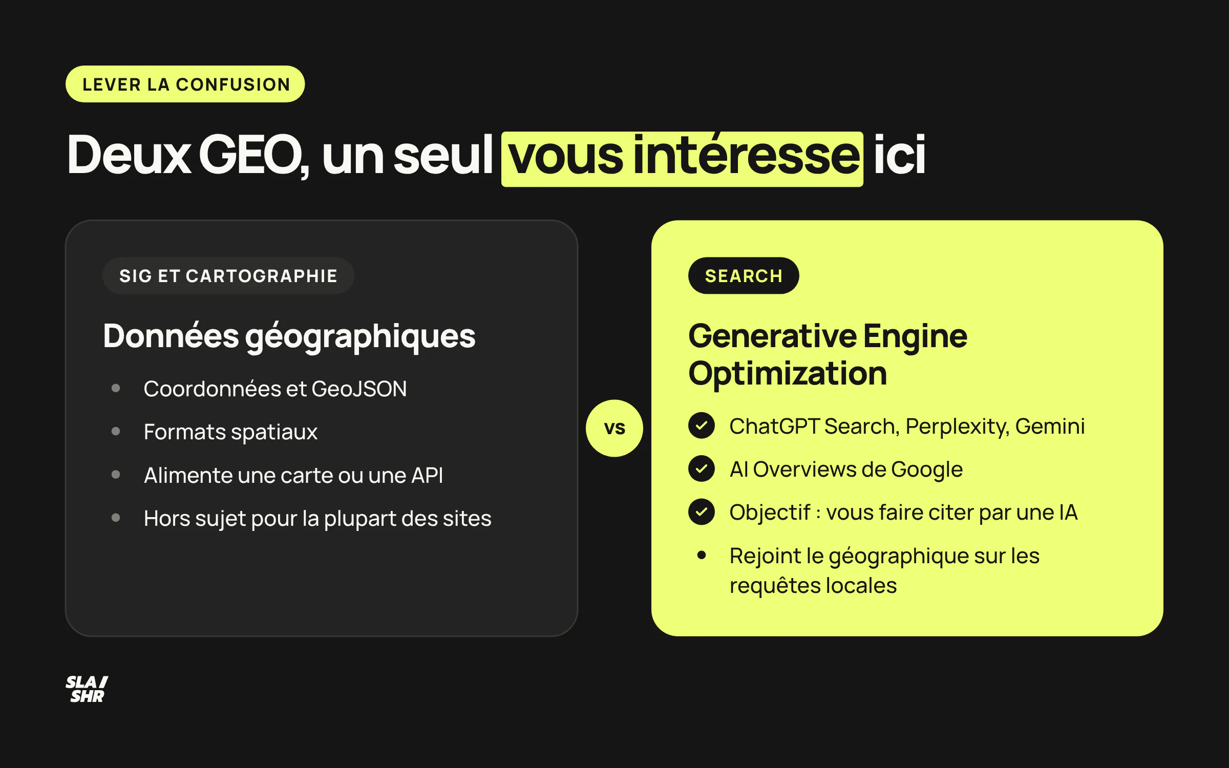 Comparaison entre le GEO cartographique (coordonnées, GeoJSON) et le GEO Generative Engine Optimization (ChatGPT Search, Perplexity, Gemini)