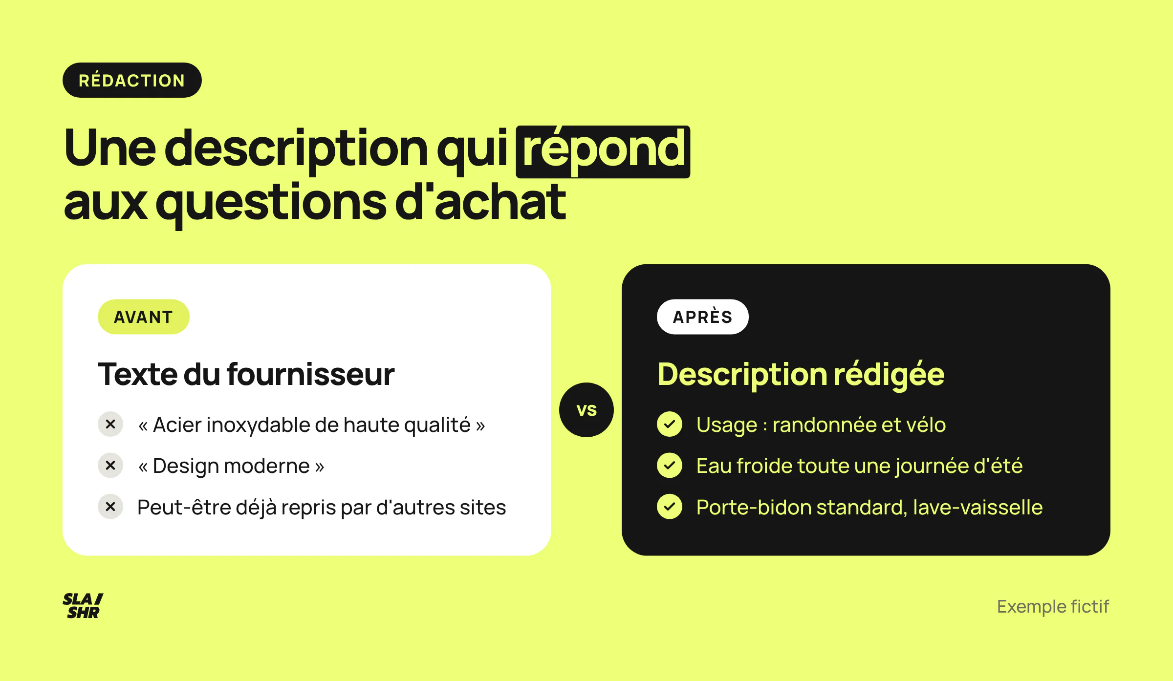 Avant et après sur une fiche fictive de gourde : texte fournisseur générique contre description qui répond aux questions d'achat