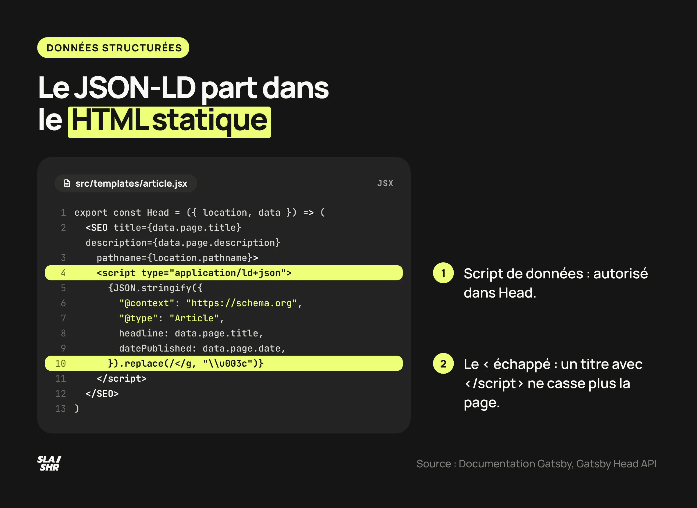 Bloc JSON-LD Article passé en enfant du composant SEO dans l'export Head d'un template Gatsby, avec titre et date tirés de la requête GraphQL