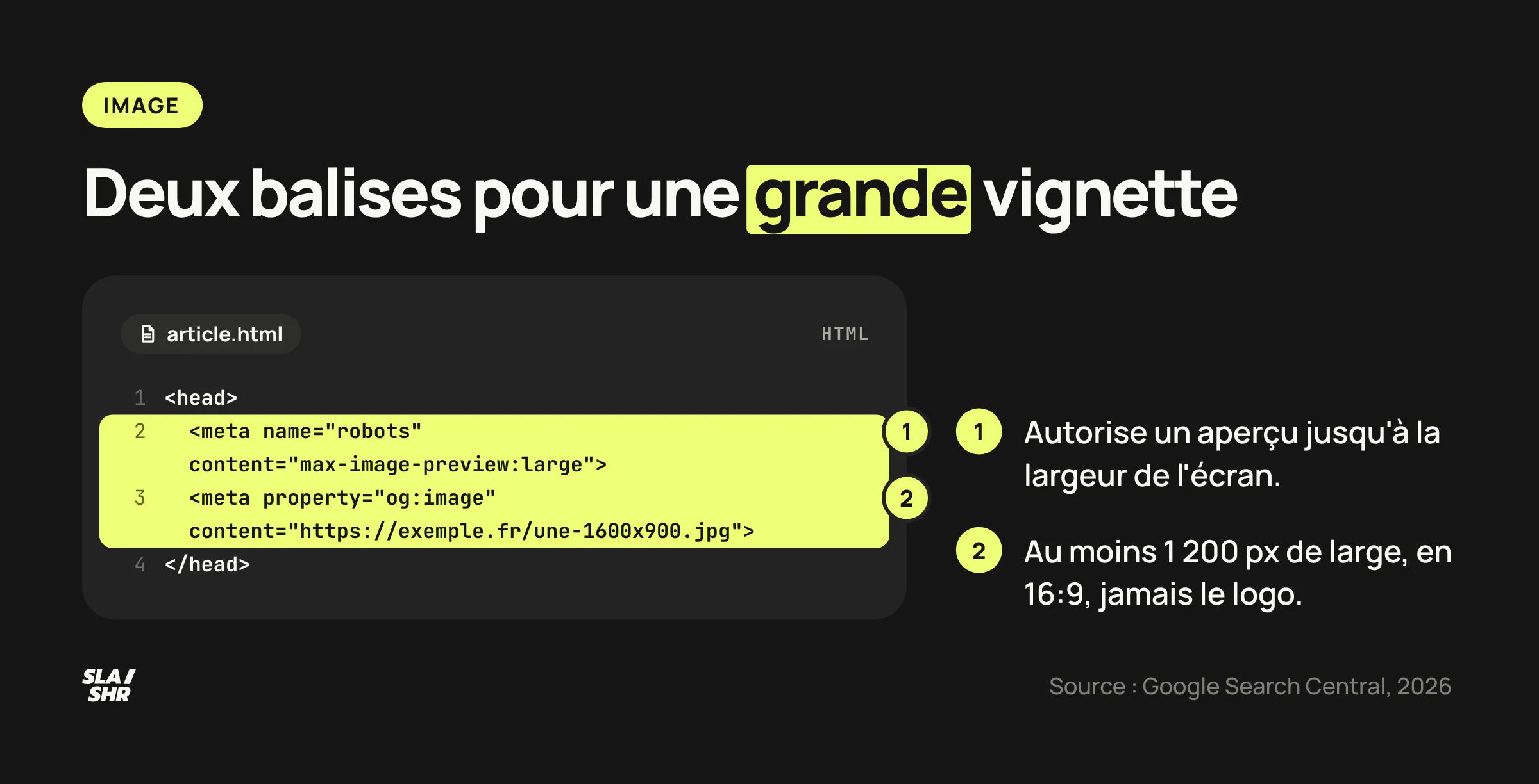 Les deux balises qui préparent une page pour Discover : meta robots avec max-image-preview:large et og:image vers une image de 1 200 px en 16:9