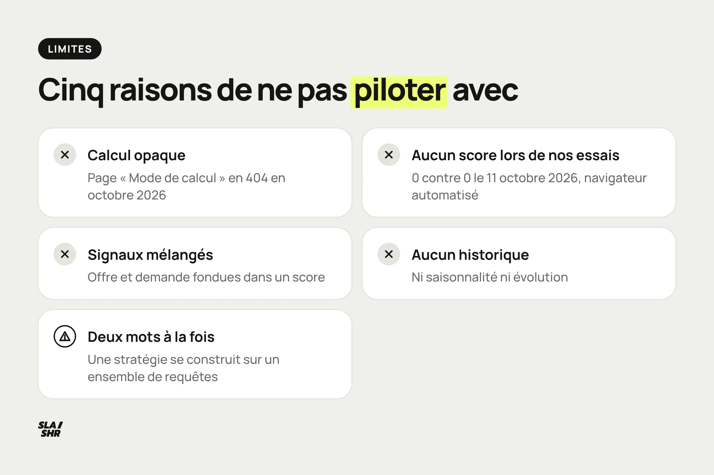 Les cinq limites du Google fight en SEO : calcul opaque, aucun score lors de nos essais, signaux mélangés, aucun historique, deux mots seulement