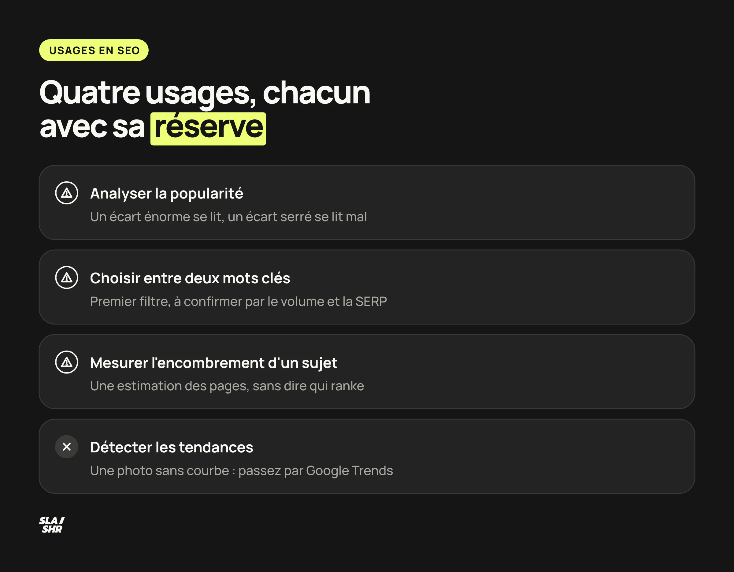 Les quatre usages du Google fight en SEO et leur limite : popularité, choix des mots clés, encombrement d'un sujet, tendances