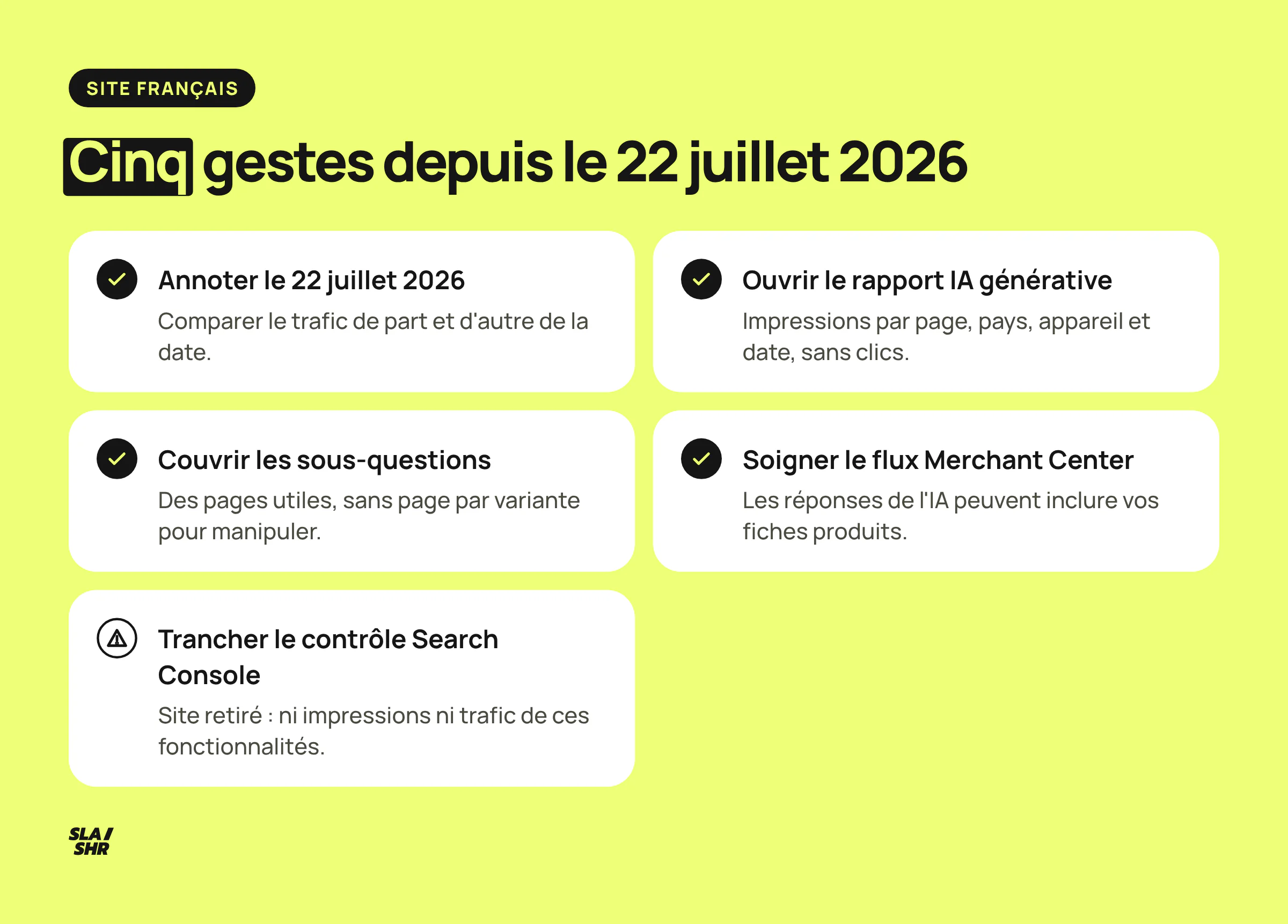 Cinq gestes pour un site français après l'I/O 2025 : annotation du 22 juillet 2026, rapport IA générative, sous-questions, flux produits, contrôle Search Console