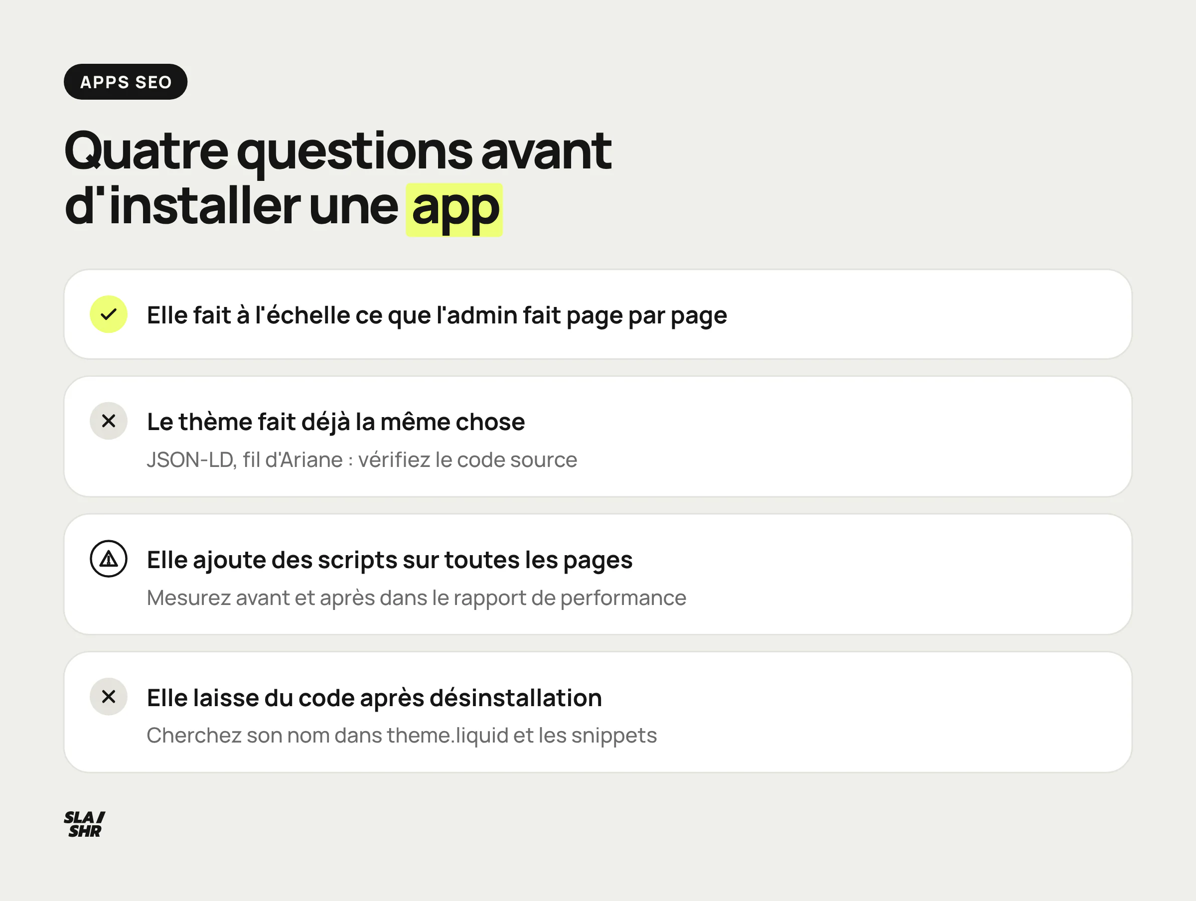 Liste de contrôle avant d'installer une app SEO sur Shopify : besoin réel, doublon avec le thème, scripts ajoutés, code laissé après désinstallation