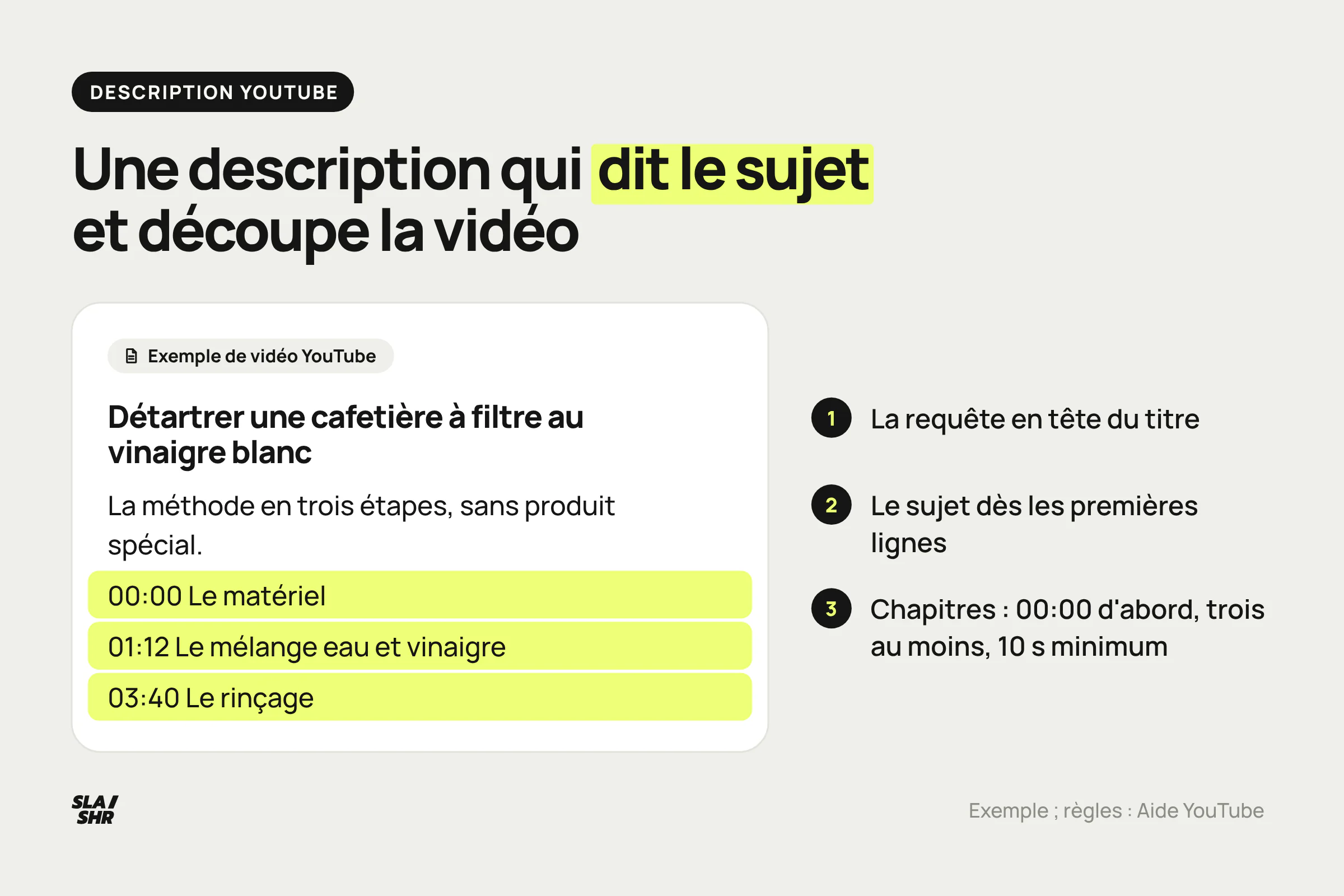 Anatomie d'une description YouTube optimisée : requête en tête du titre, sujet dans les premières lignes, chapitres à partir de 00:00
