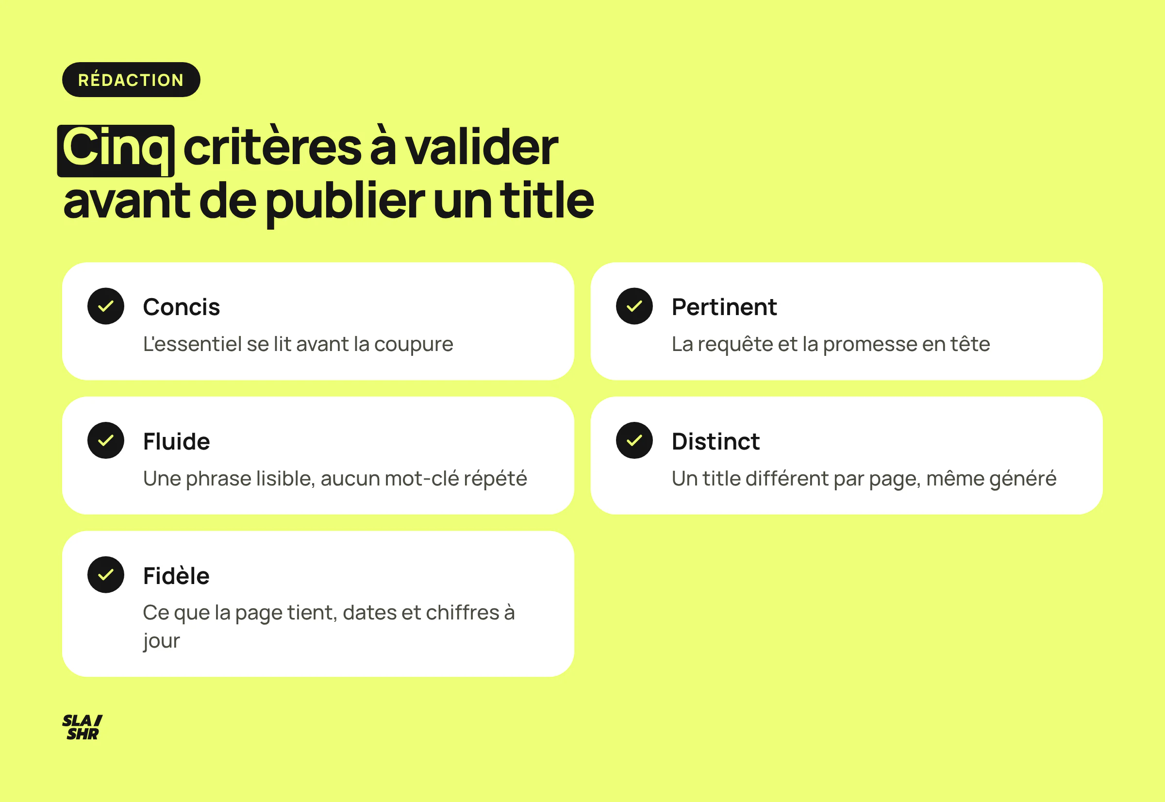 Checklist de cinq critères avant de publier un title : concis, pertinent, fluide, distinct par page et fidèle à la page.