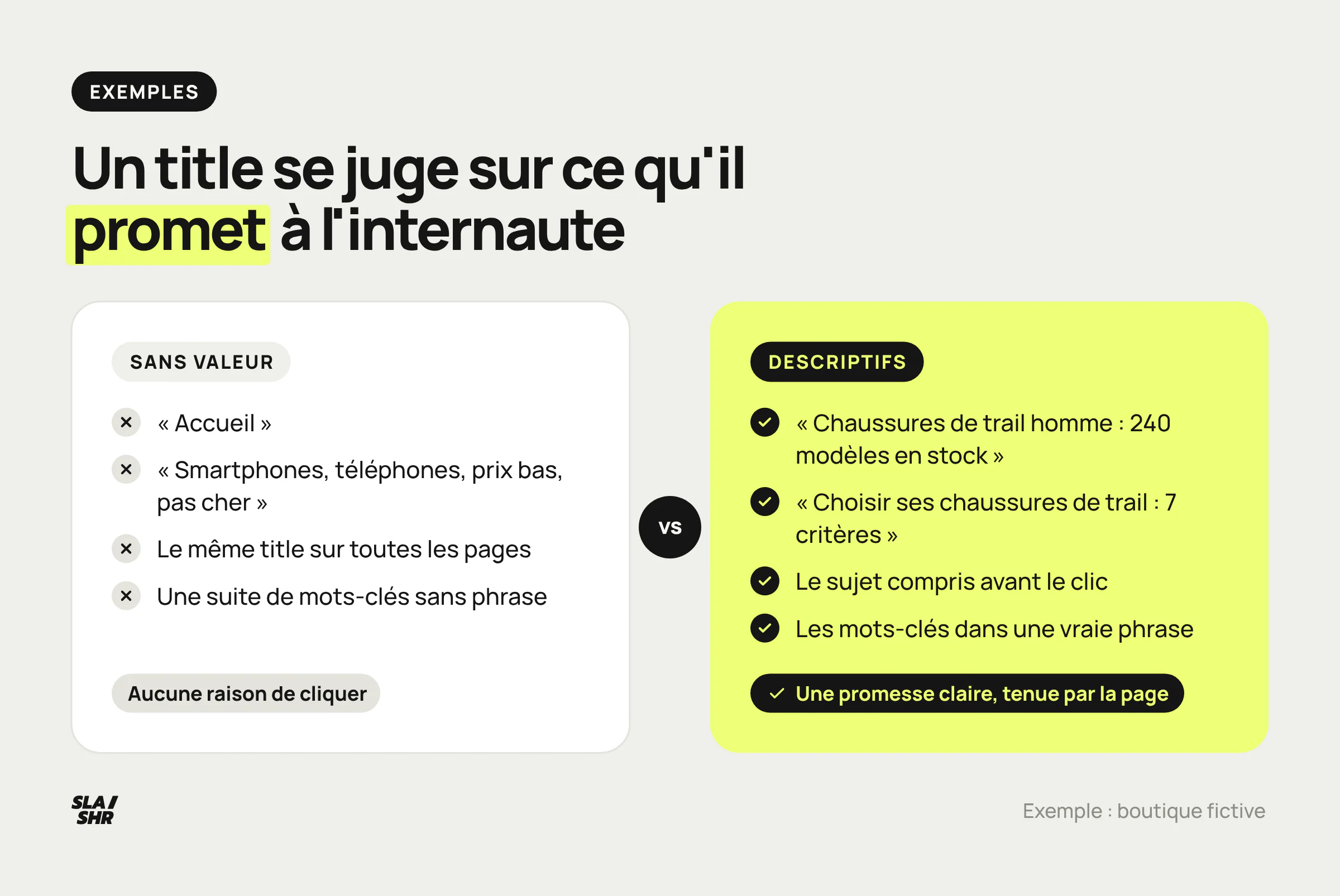 Comparaison de balises title : un title générique ou une suite de mots-clés, face à des titles qui décrivent la page et sa promesse.