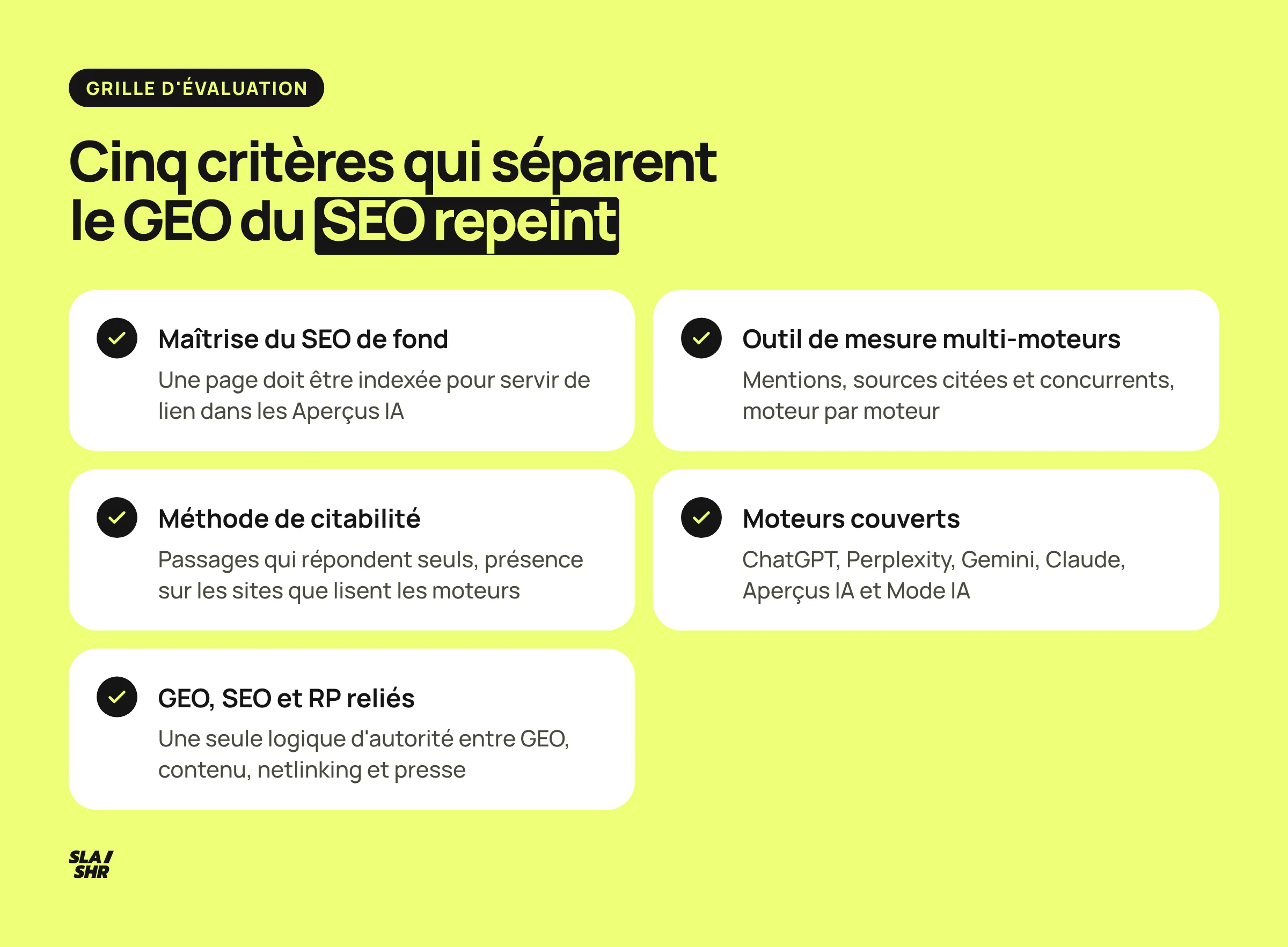 Checklist des cinq critères d'évaluation d'une agence GEO : SEO de fond, outil de mesure multi-moteurs, citabilité, moteurs couverts, lien avec les RP