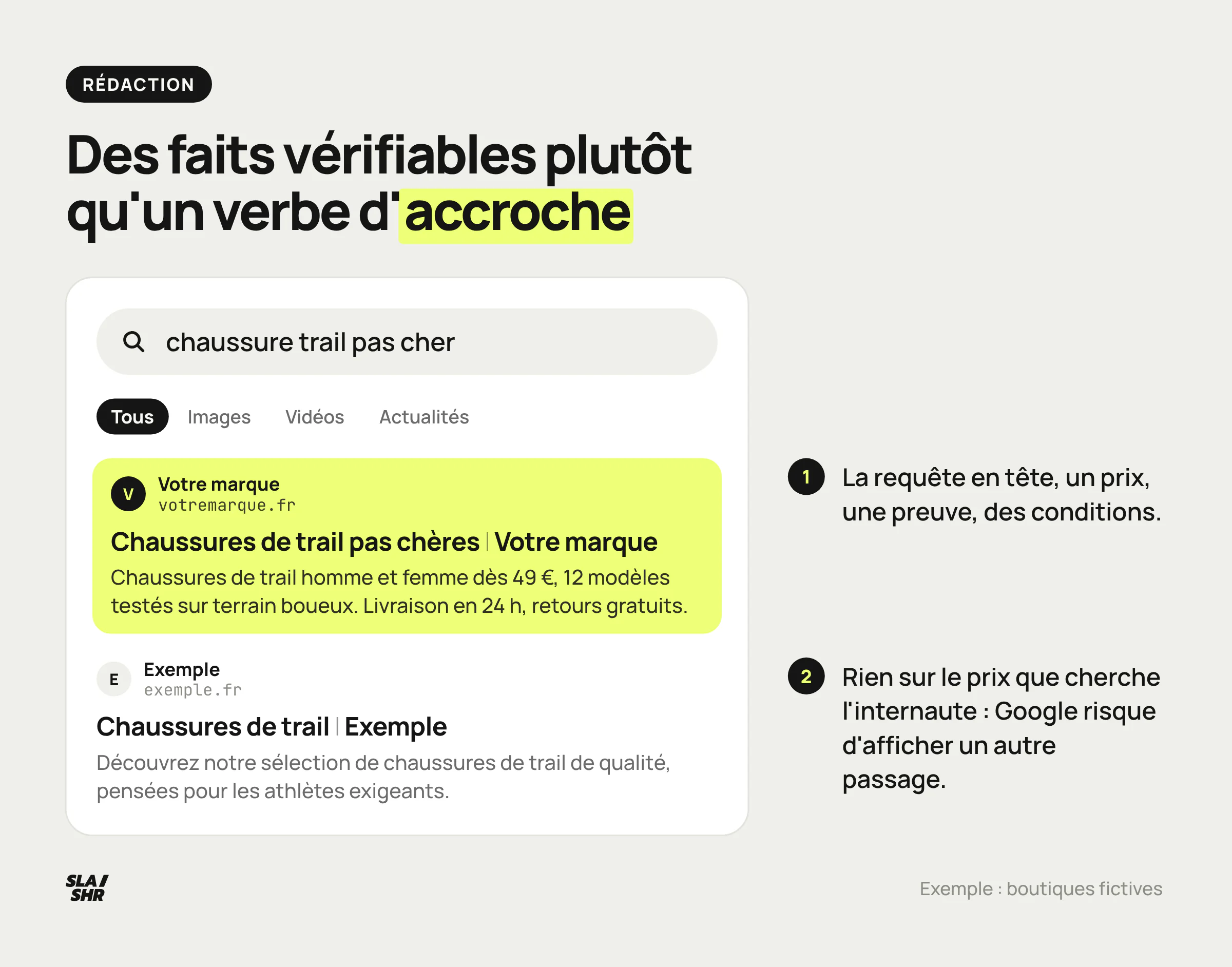 Deux meta descriptions pour la même requête : une phrase générique avec un verbe d'accroche vide, face à une description qui reprend la requête et donne des faits vérifiables.