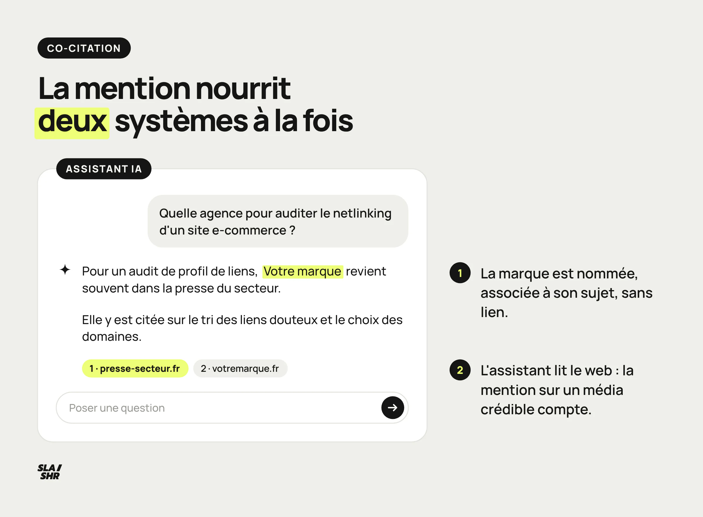 Réponse d'assistant IA reconstituée qui nomme une marque sans lien, associée à son sujet, avec ses sources