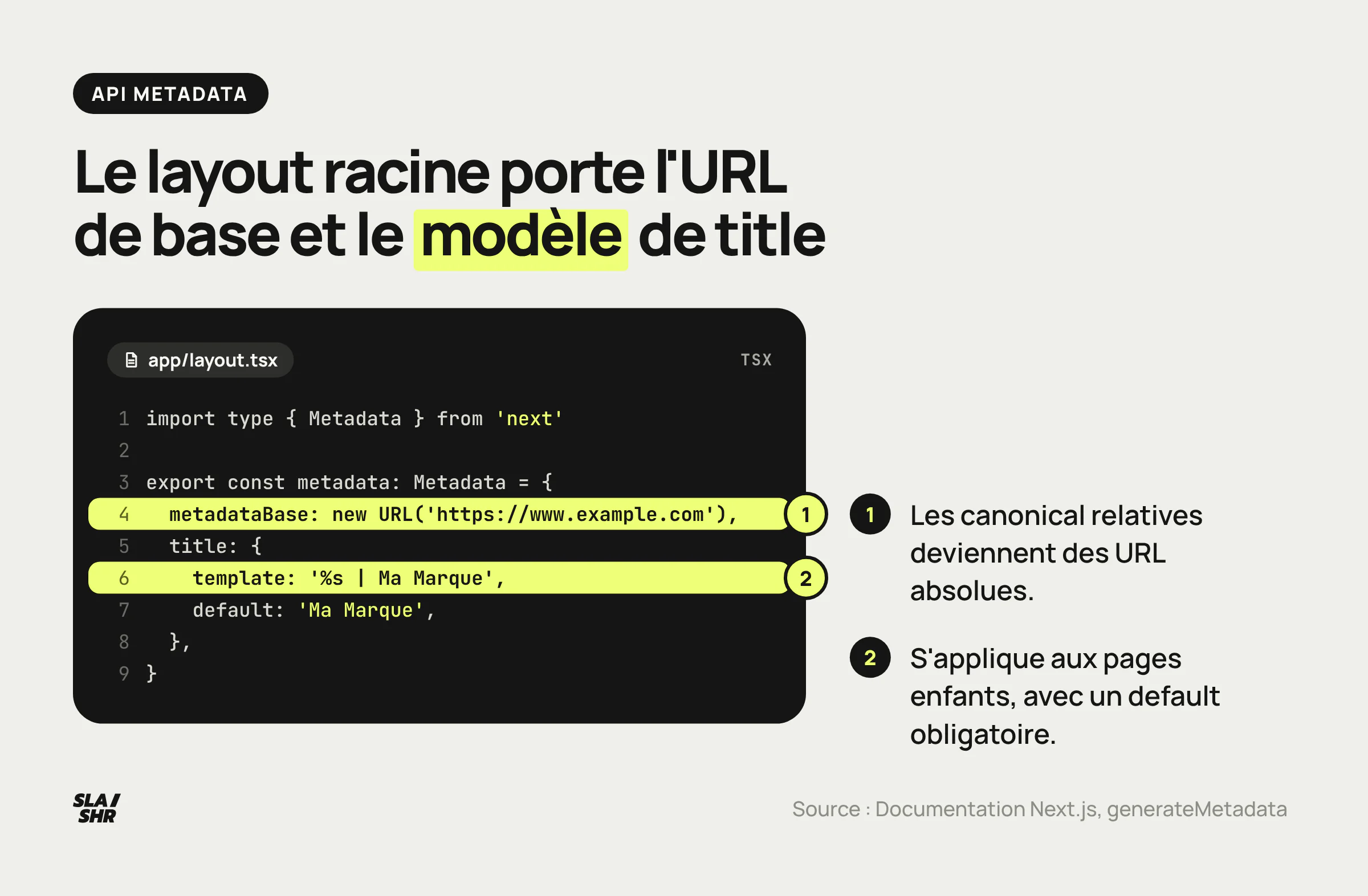 Layout racine annoté : metadataBase pour les URL absolues et modèle de title appliqué aux pages enfants