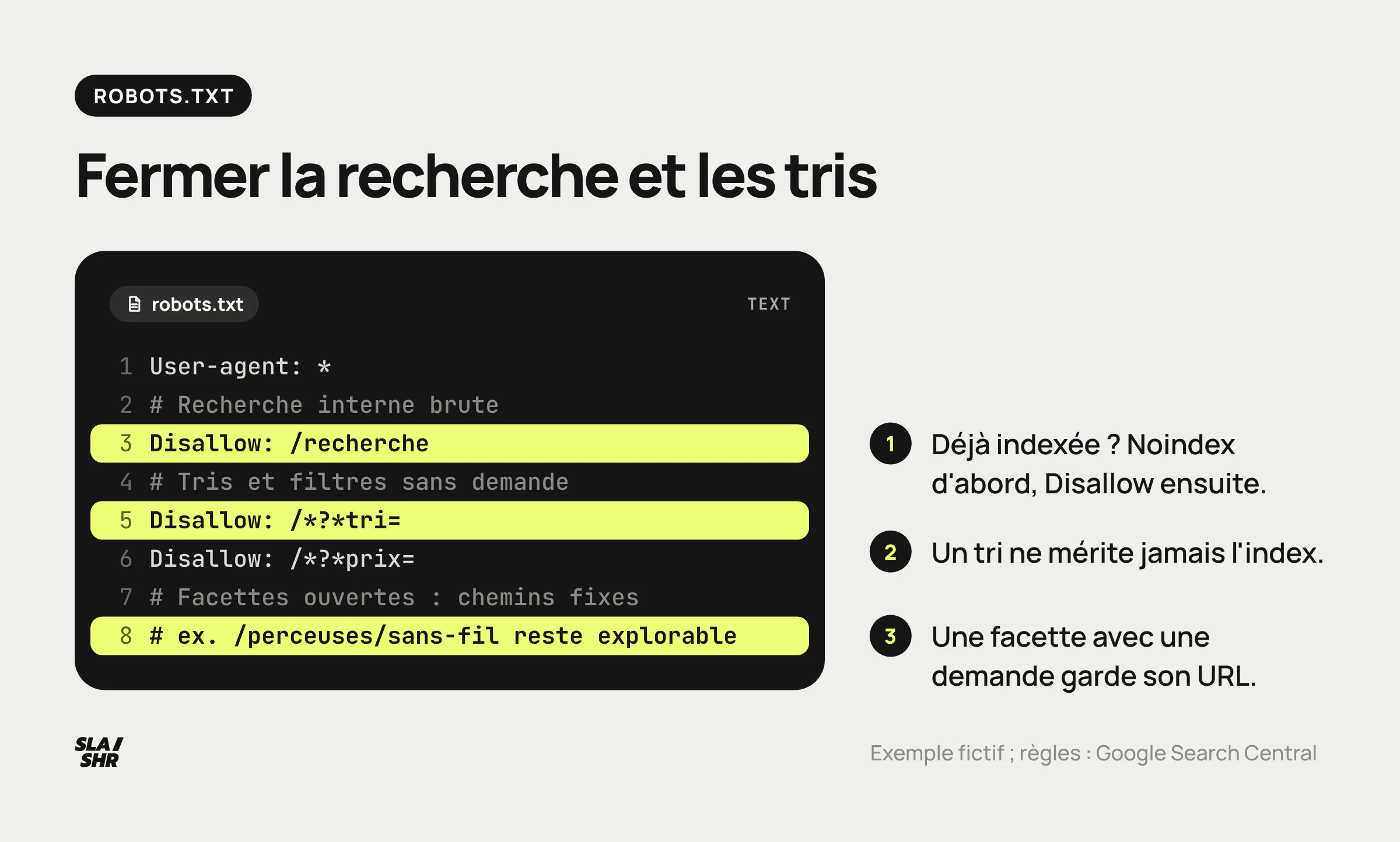 Extrait de robots.txt pour une marketplace : recherche interne et tris bloqués, avec le rappel de poser un noindex avant le blocage si les URL sont déjà indexées