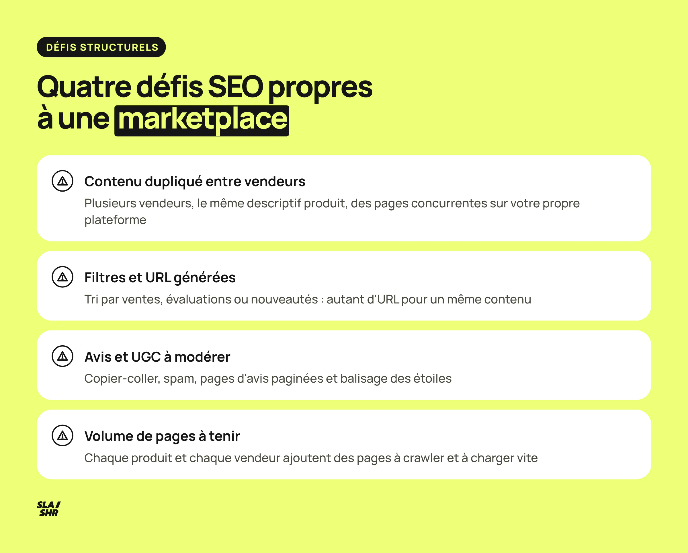 Quatre défis SEO propres aux marketplaces : contenu dupliqué entre vendeurs, URL de filtres, avis et UGC, volume de pages à rendre rapides