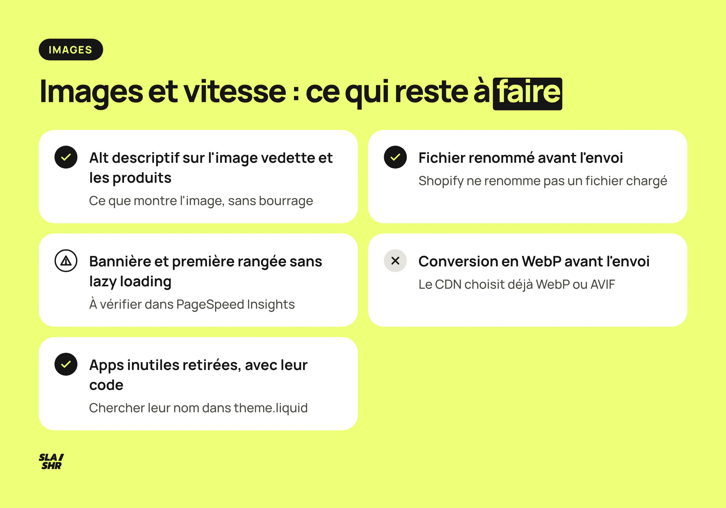 Liste de contrôle images et vitesse d'une collection : alt descriptif, fichier renommé avant l'envoi, haut de page sans lazy loading, apps élaguées