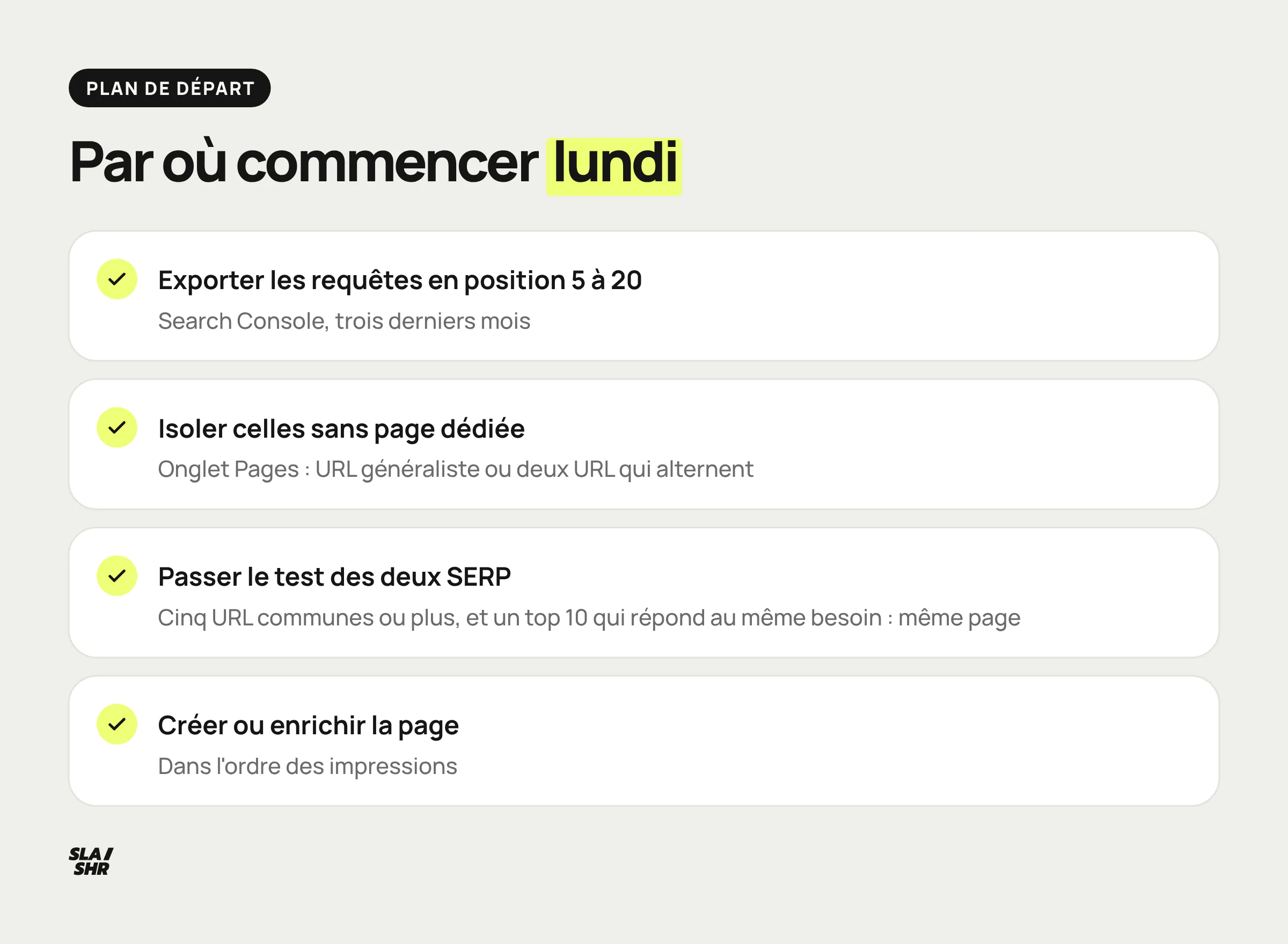 Plan de démarrage en quatre points : exporter les requêtes en position 5 à 20, isoler celles sans page dédiée, passer le test des deux SERP, créer ou enrichir la page