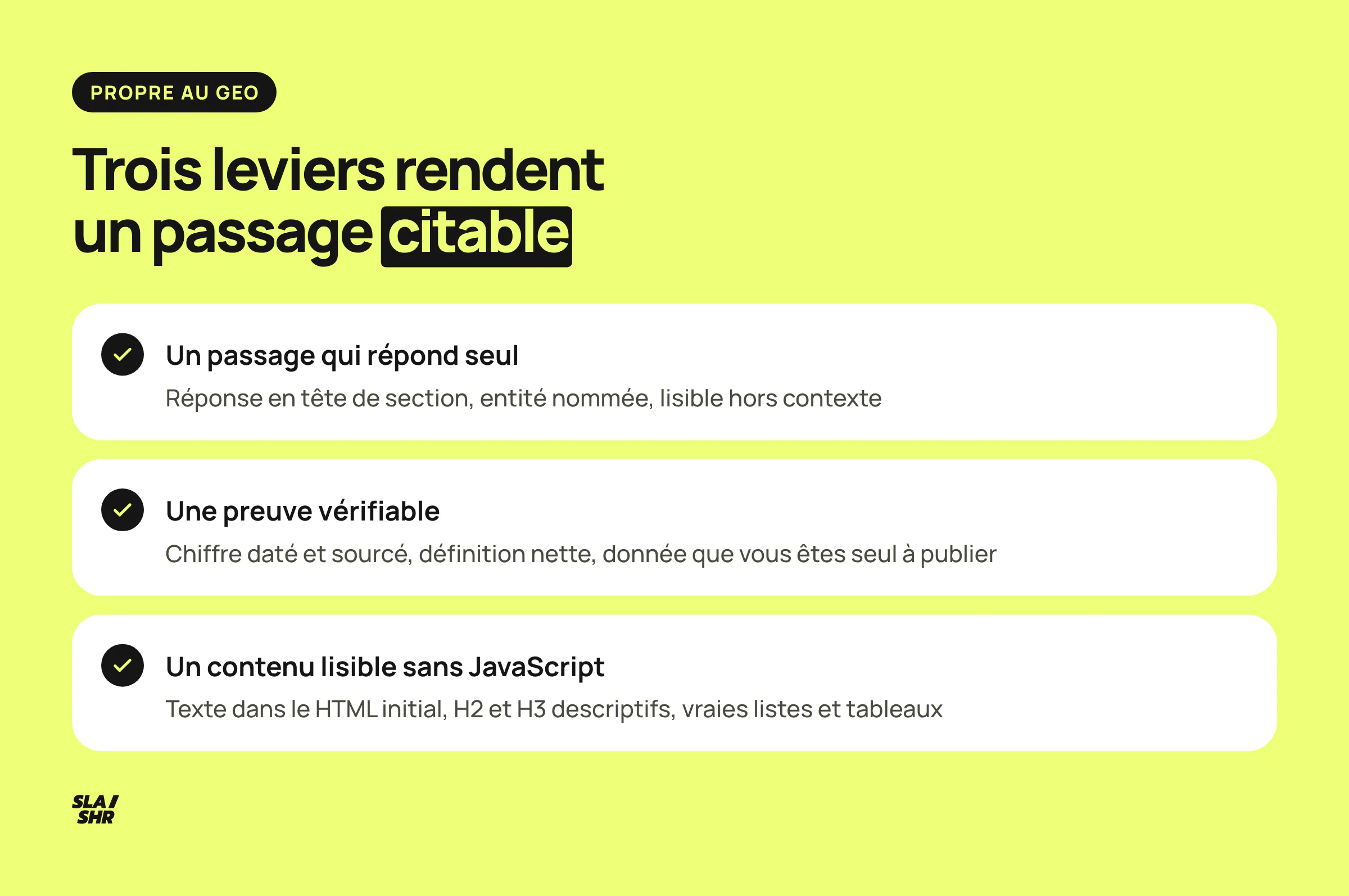 Checklist des trois spécificités GEO : extractibilité des passages, citabilité par la preuve, structure sémantique lisible
