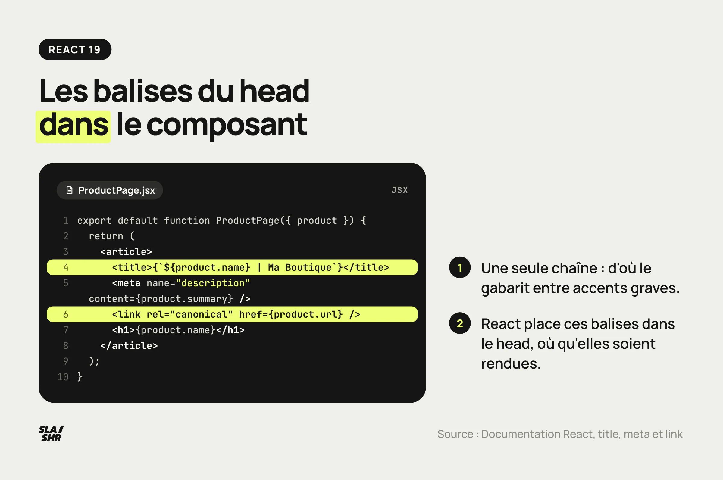 Composant React 19 annoté : title en chaîne unique, meta description et link canonical rendus dans le composant puis placés dans le head