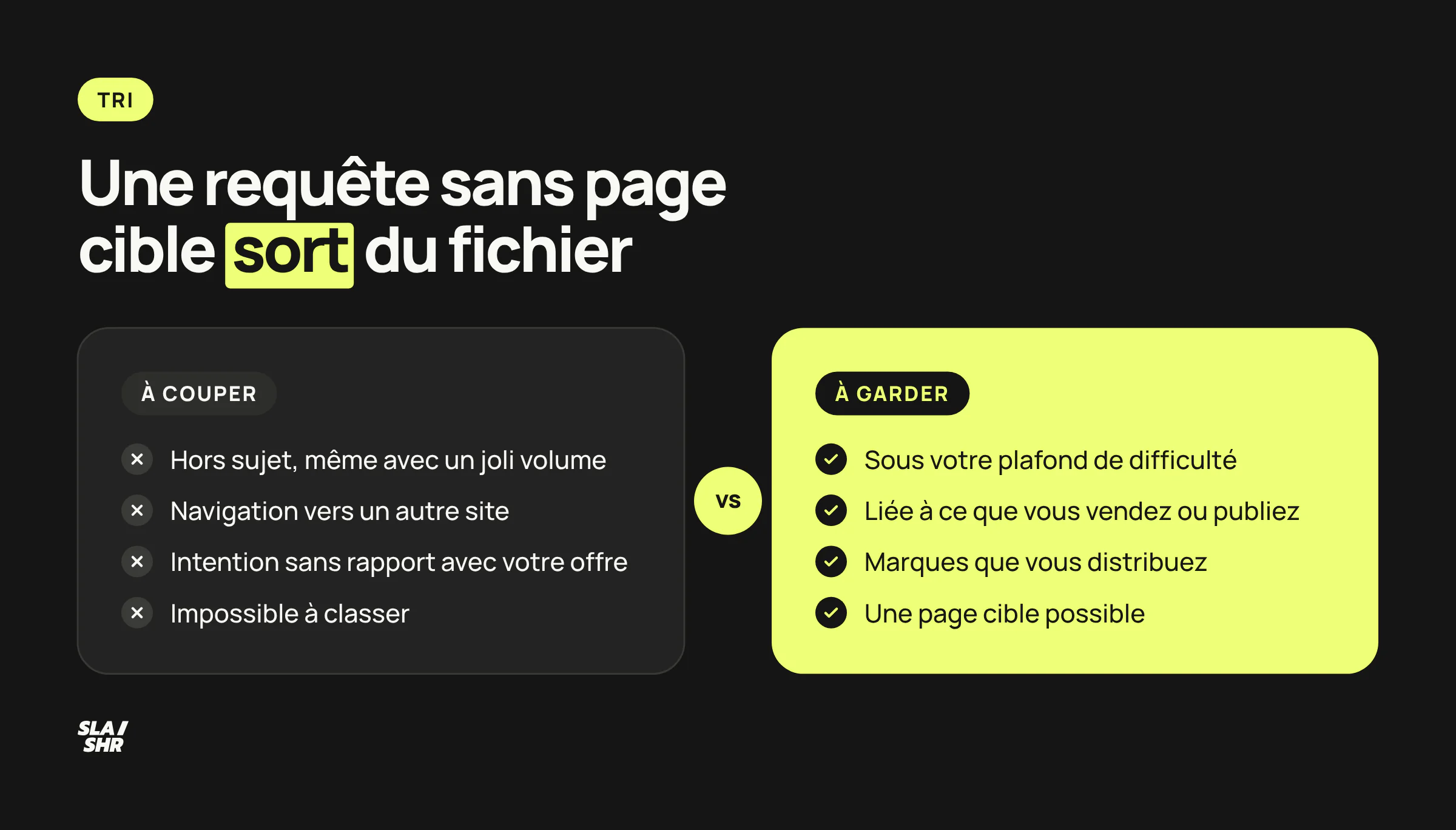 Les requêtes à couper et celles à garder lors du tri d'une liste de mots-clés, avant de leur attribuer une page