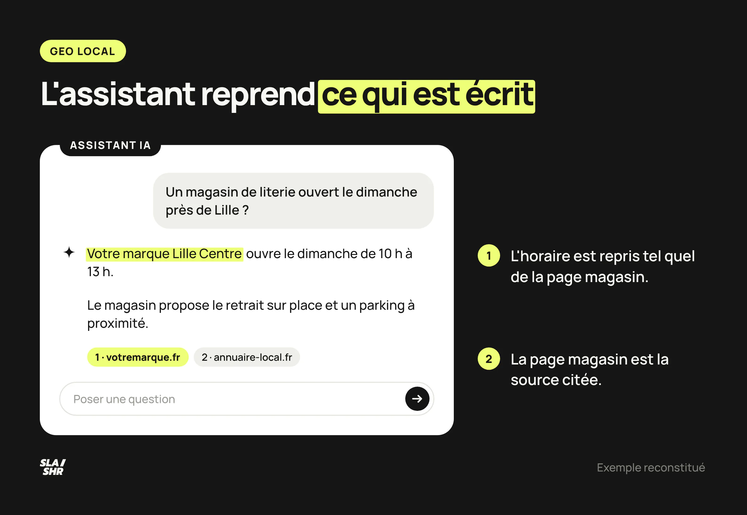 Réponse d'assistant reconstituée : le magasin recommandé est cité avec ses horaires du dimanche, repris de sa page magasin
