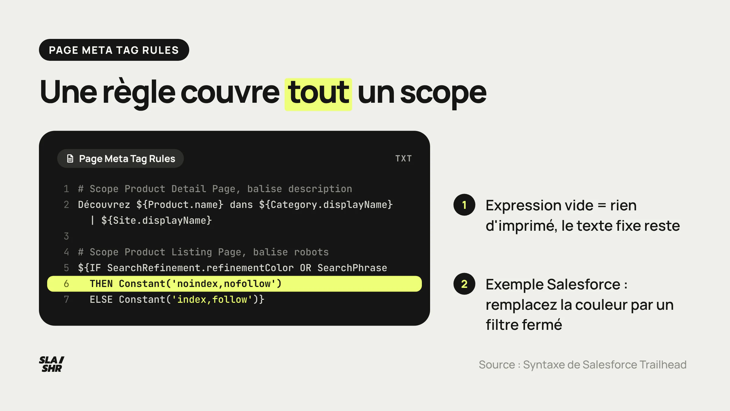 Deux règles de balises SFCC annotées : une meta description de fiche produit et une balise robots conditionnelle sur les refinements
