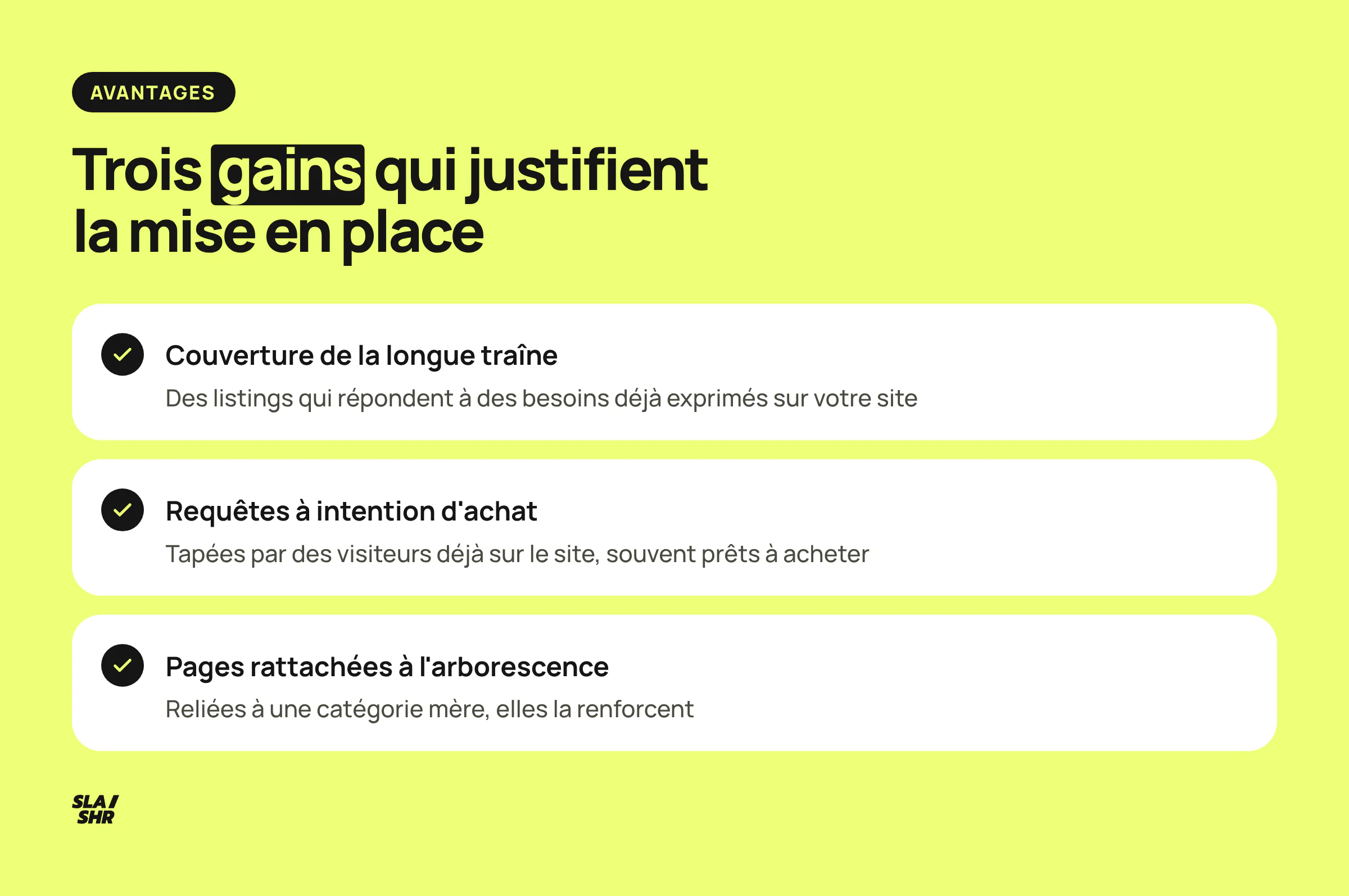 Les trois avantages du searchdexing : visibilité et trafic, ciblage précis d'un public prêt à convertir, intégration à la stratégie SEO globale