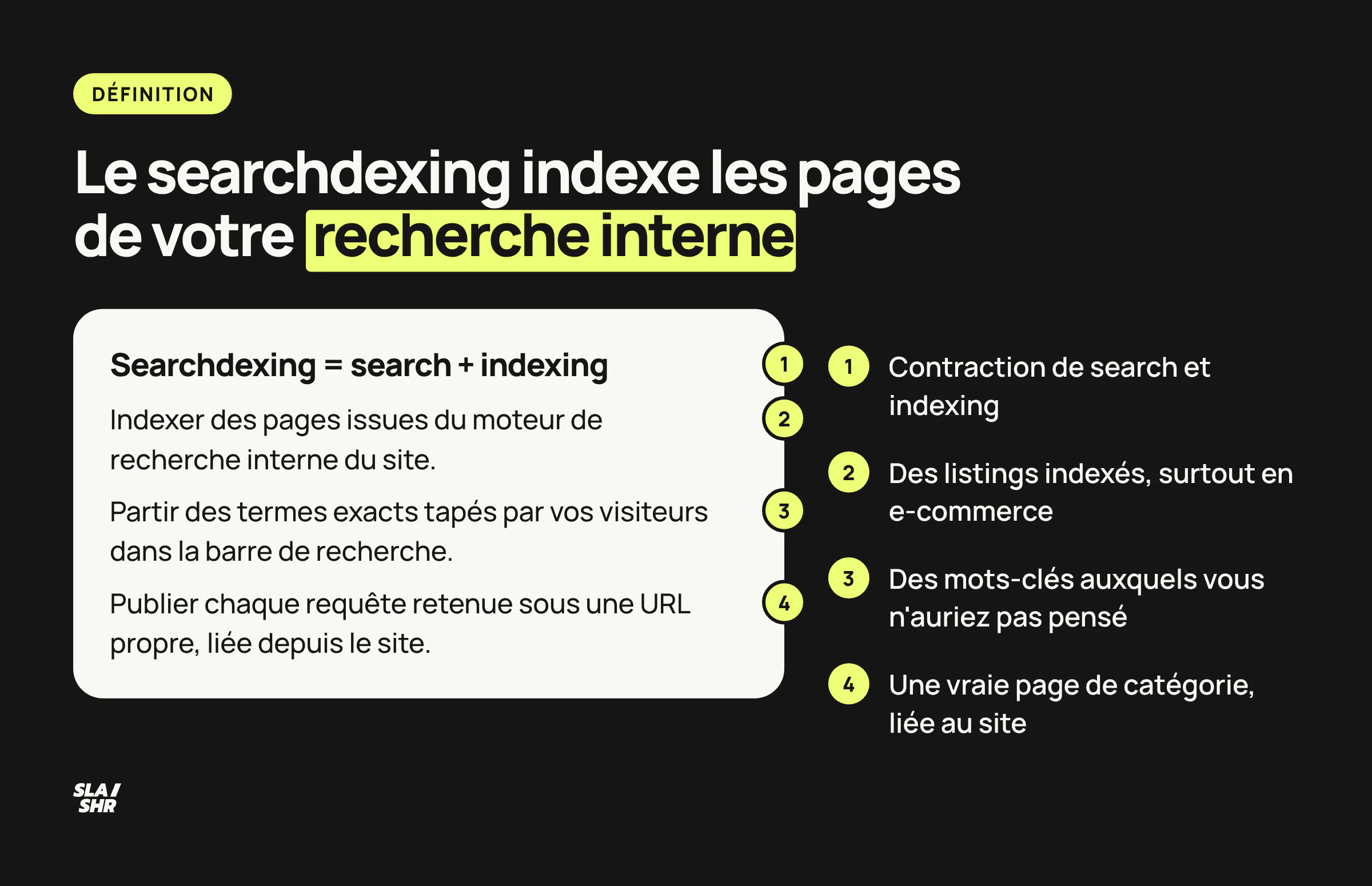 Définition annotée du searchdexing : contraction de search et indexing, pages issues des termes tapés par les visiteurs dans la recherche interne