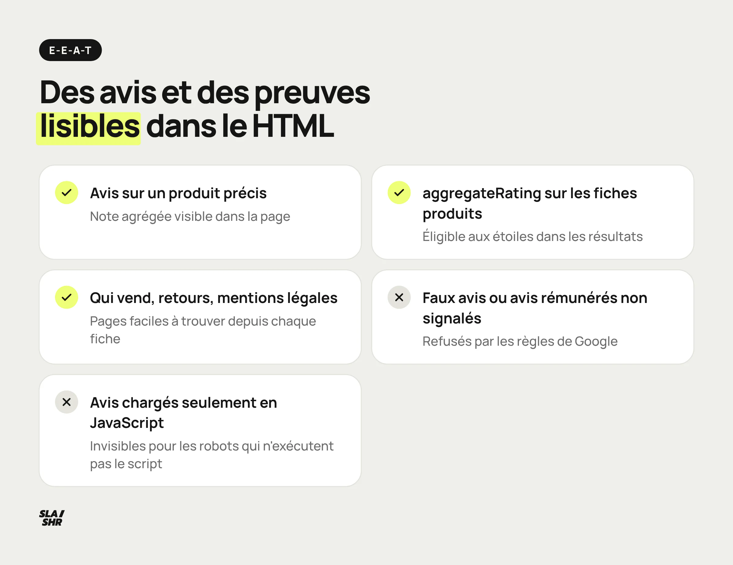 Liste de contrôle des signaux de confiance d'un site e-commerce : avis sur un produit précis, aggregateRating, pages de fiabilité, faux avis, avis en JavaScript seul