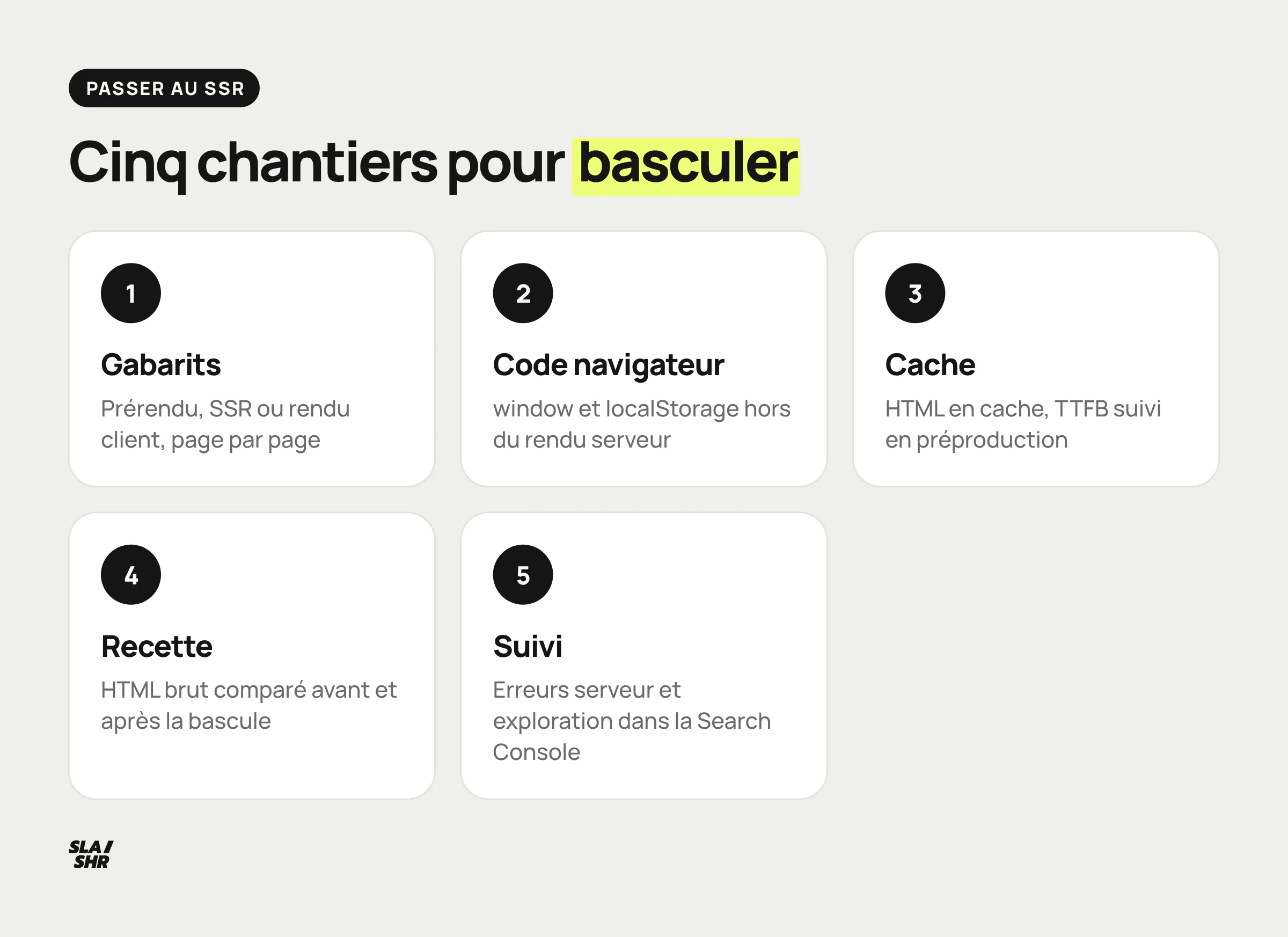 Chantiers d'un passage au SSR : répartir les gabarits, corriger le code propre au navigateur, mettre le HTML en cache, recetter, puis suivre la Search Console