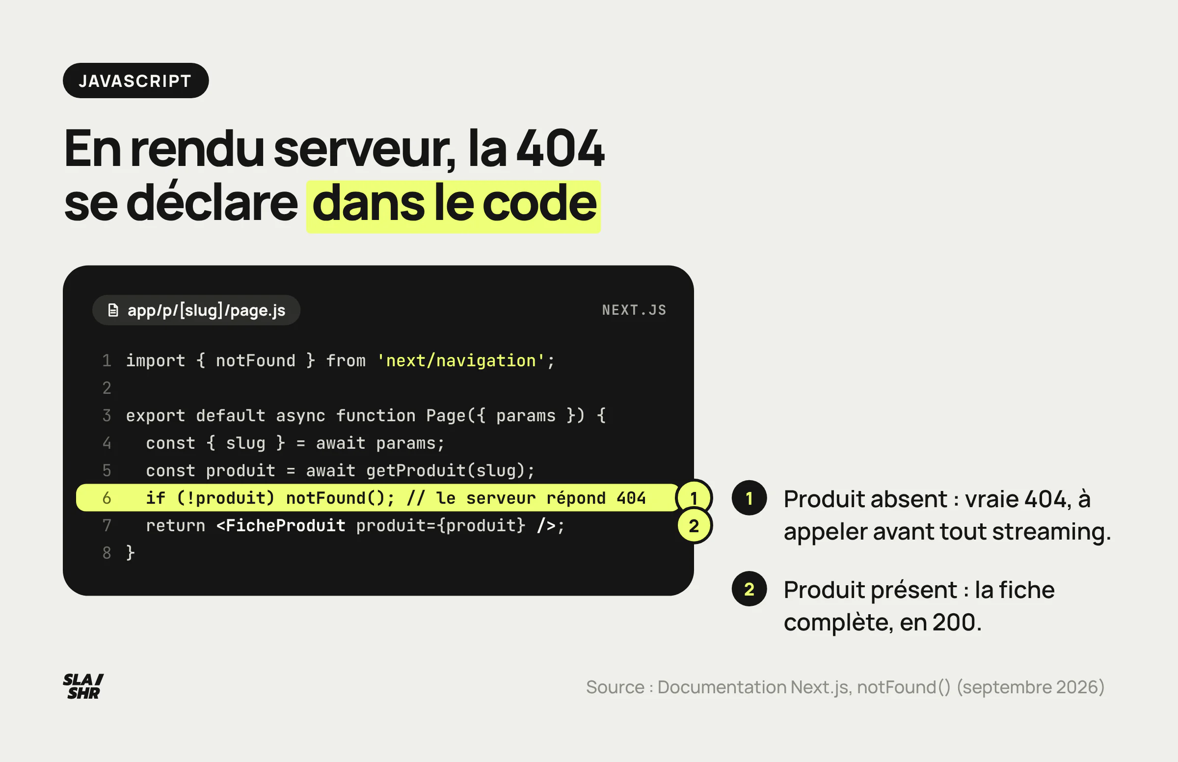 Exemple Next.js : la fiche produit appelle notFound() quand le produit n'existe plus, le serveur répond 404