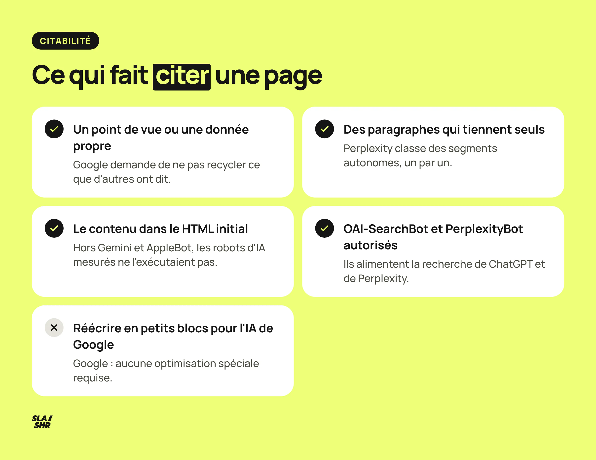 Ce qui fait citer une page par les moteurs génératifs : un point de vue propre, des paragraphes qui tiennent seuls, le contenu dans le HTML, les robots de recherche autorisés