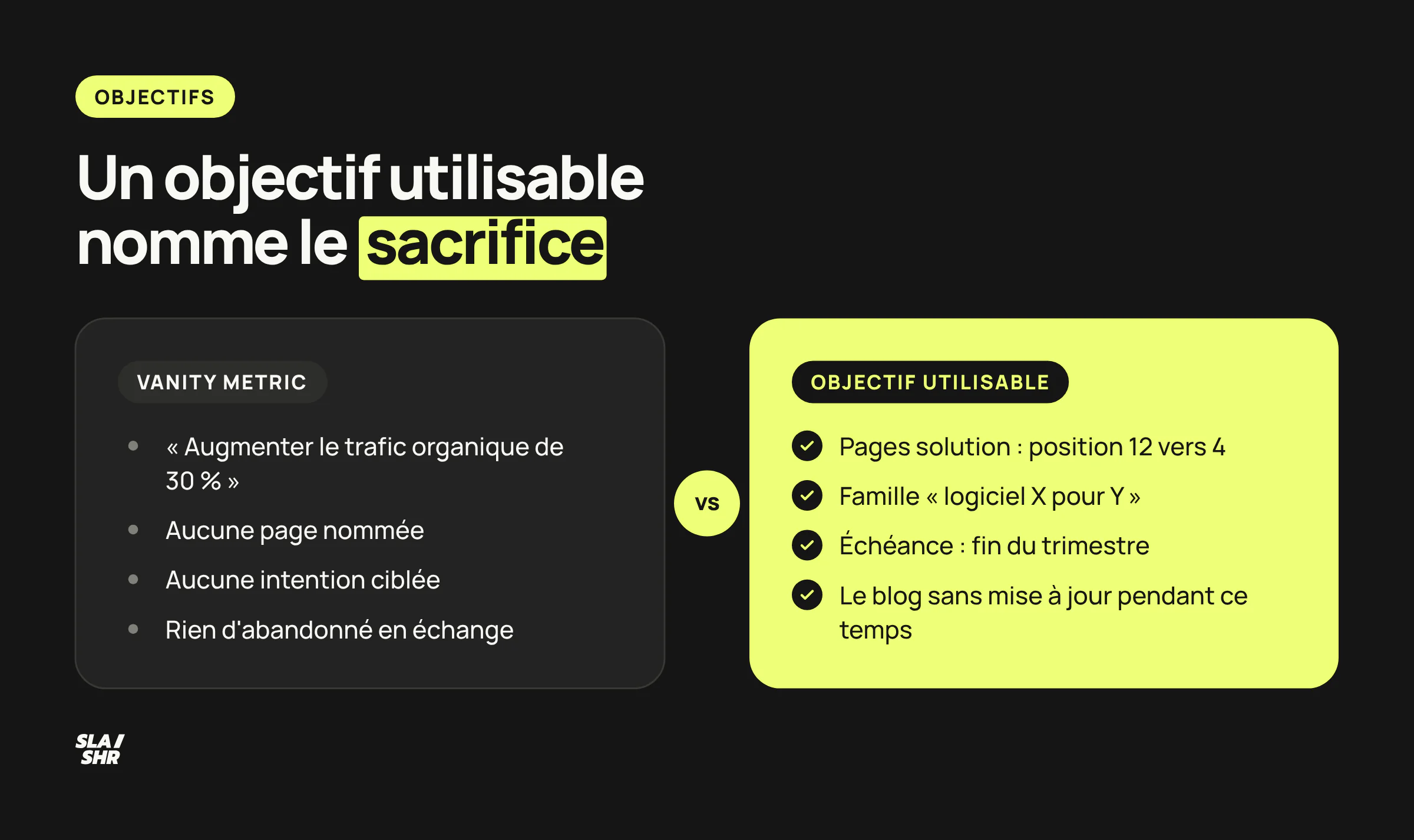 Avant après : un objectif SEO vanity contre un objectif qui pilote vraiment