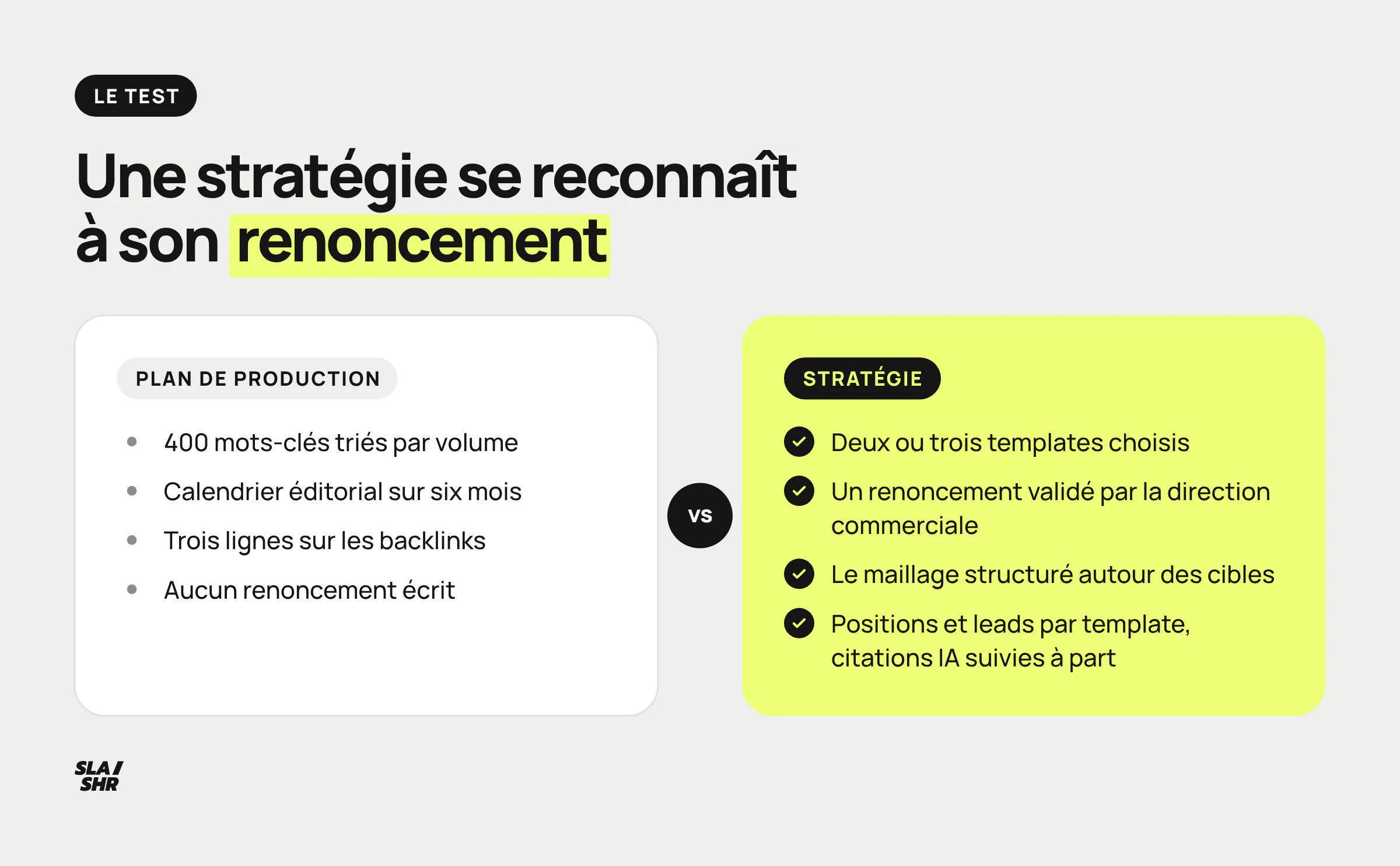 Comparaison entre un plan de production éditorial et une vraie stratégie SEO avec renoncement assumé