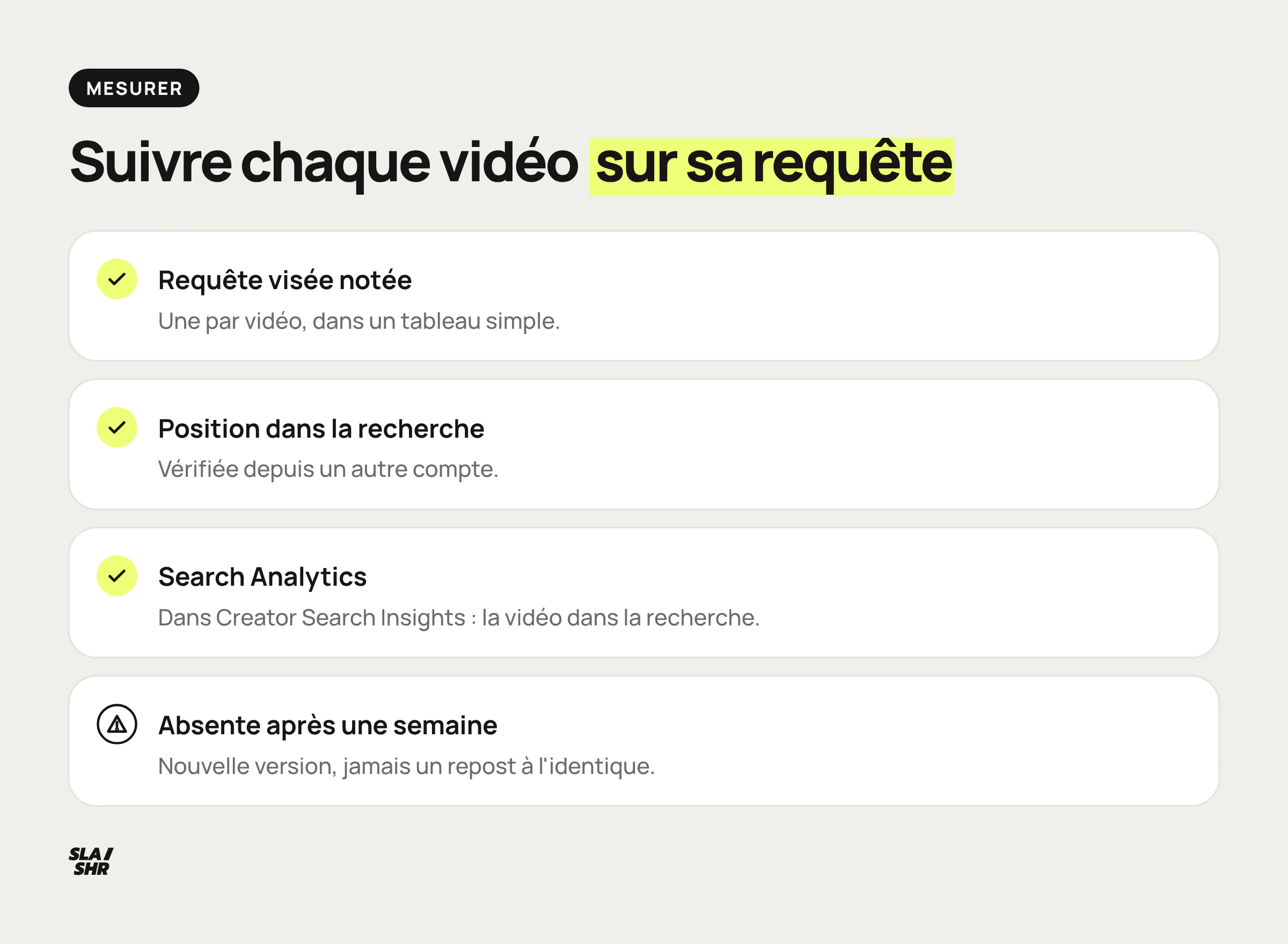 Checklist de suivi d'une vidéo TikTok : requête visée notée, position vérifiée dans la recherche, Search Analytics, nouvelle version si la vidéo ne ressort pas