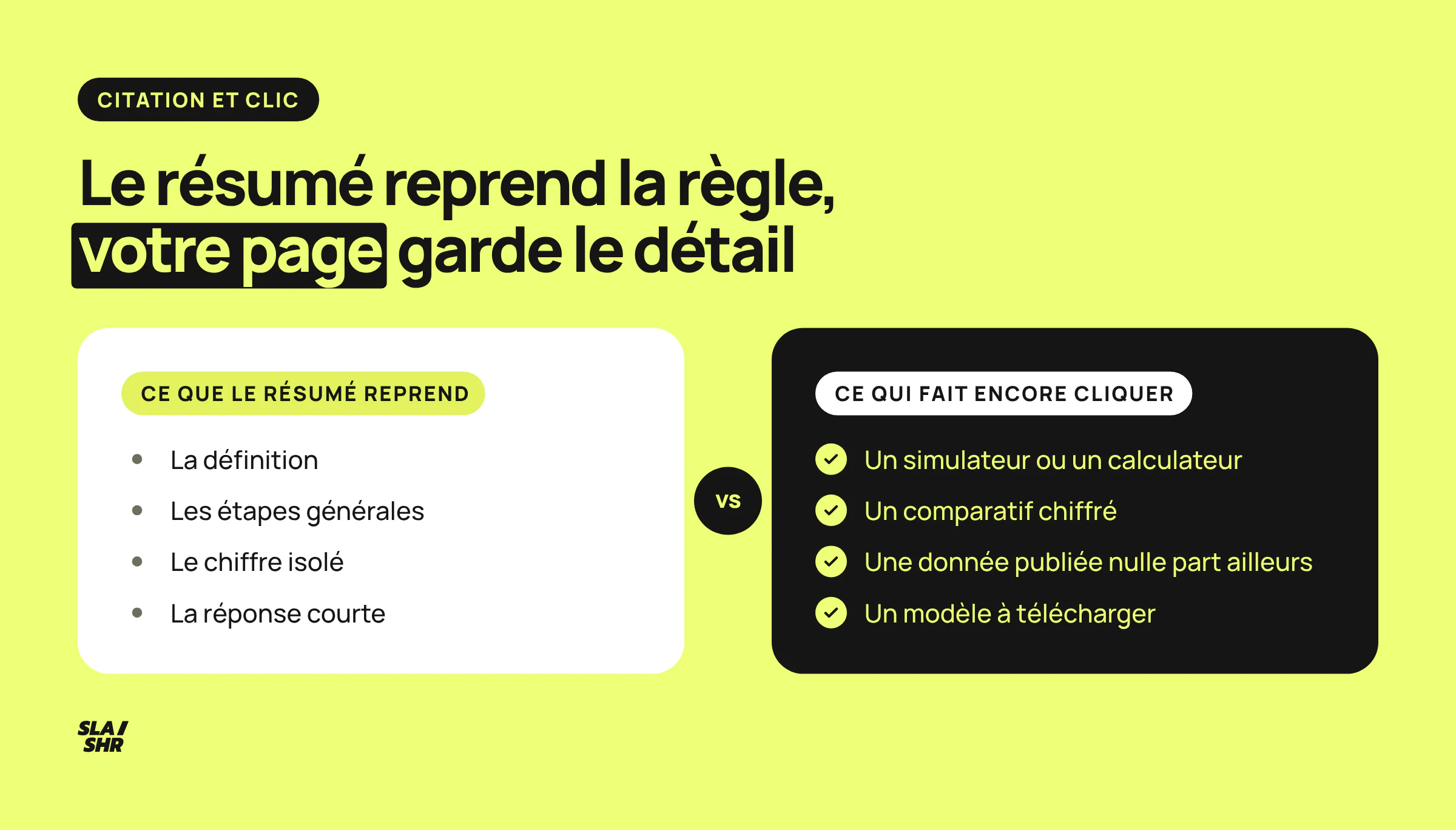 Ce que le résumé IA reprend d'une page, définition et étapes générales, face à ce qui fait encore cliquer : outil, comparatif chiffré, donnée propre, modèle